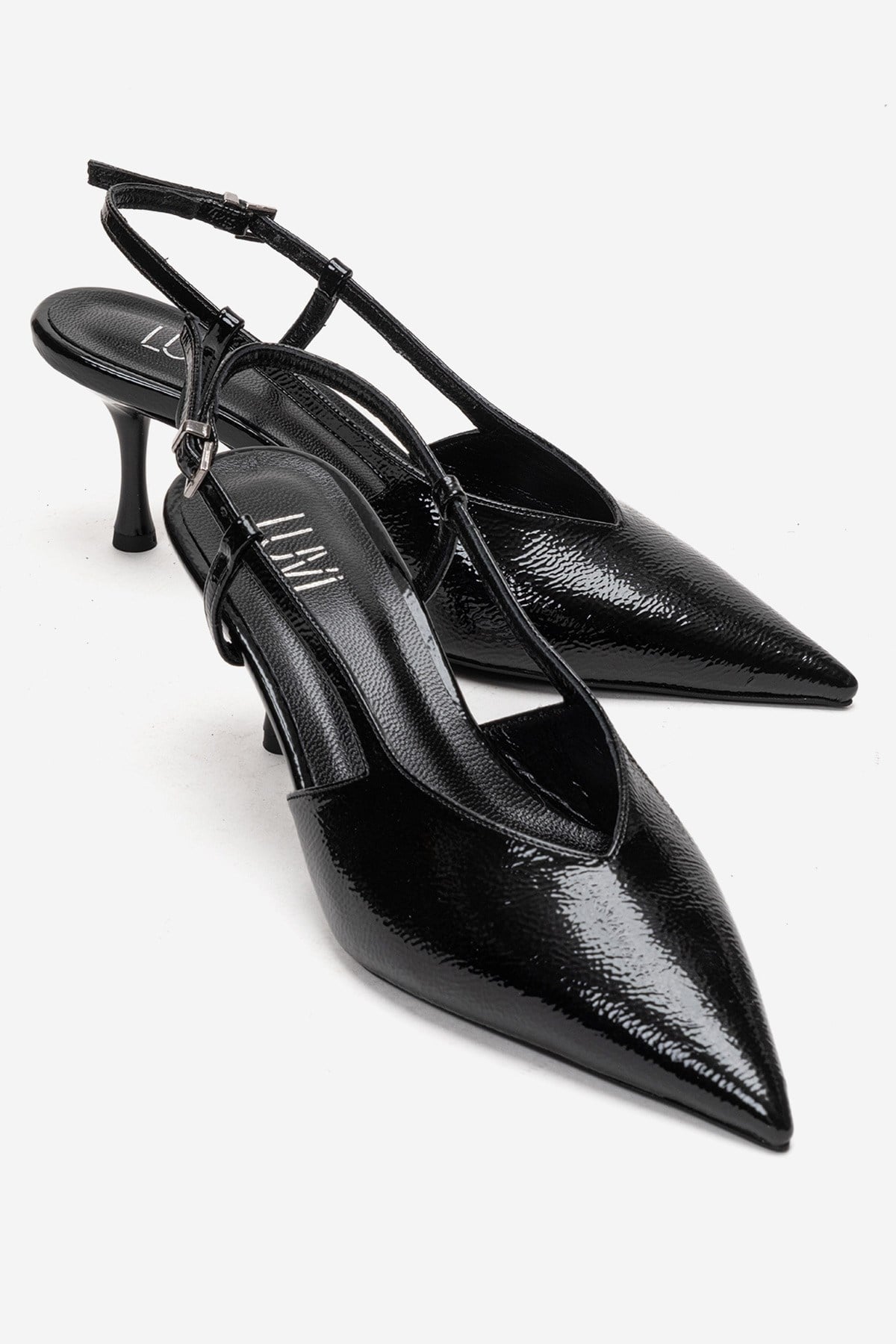 Irena - Black Patent Backless Pointed Toe Stiletto Pump, Genuine Leath – front three-quarter view showing leather, black…