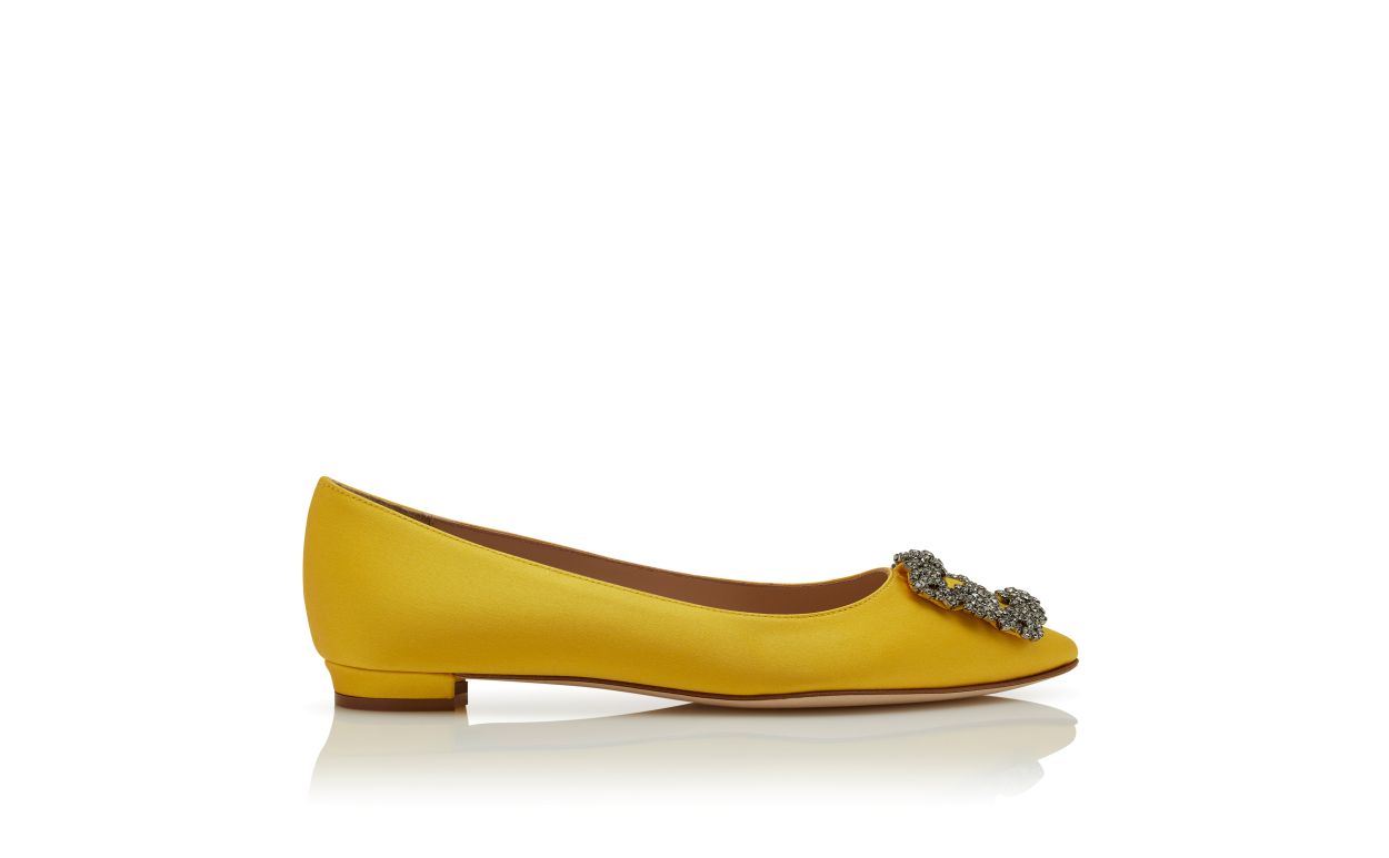 Estelle Dream Yellow Jewel Buckle Pumps – side profile showing yellow jewel buckle, crystal buckle, almond toe, satin…
