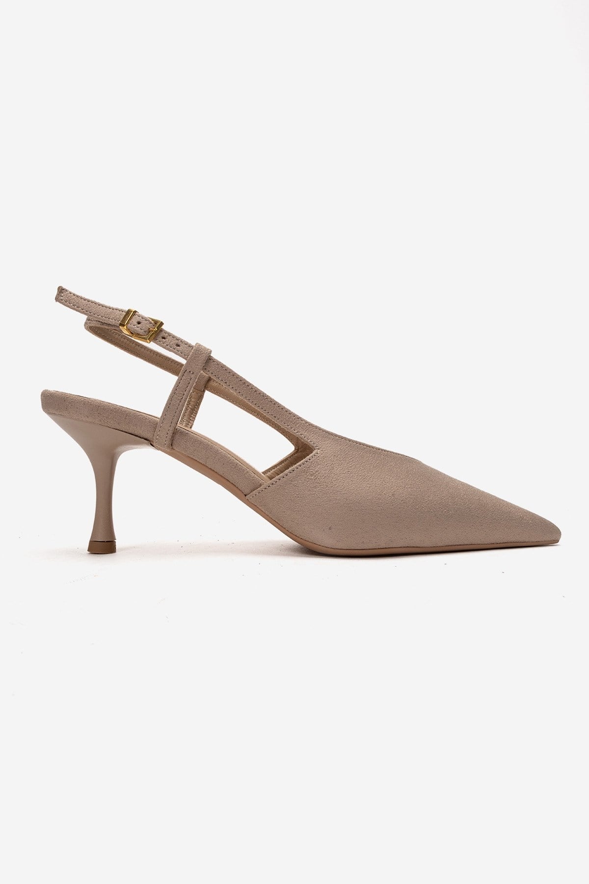 Irena - Beige Suede Backless Pointed Toe Stiletto Pump, Genuine Leathe – heel view showing leather, suede, SimmiUnique