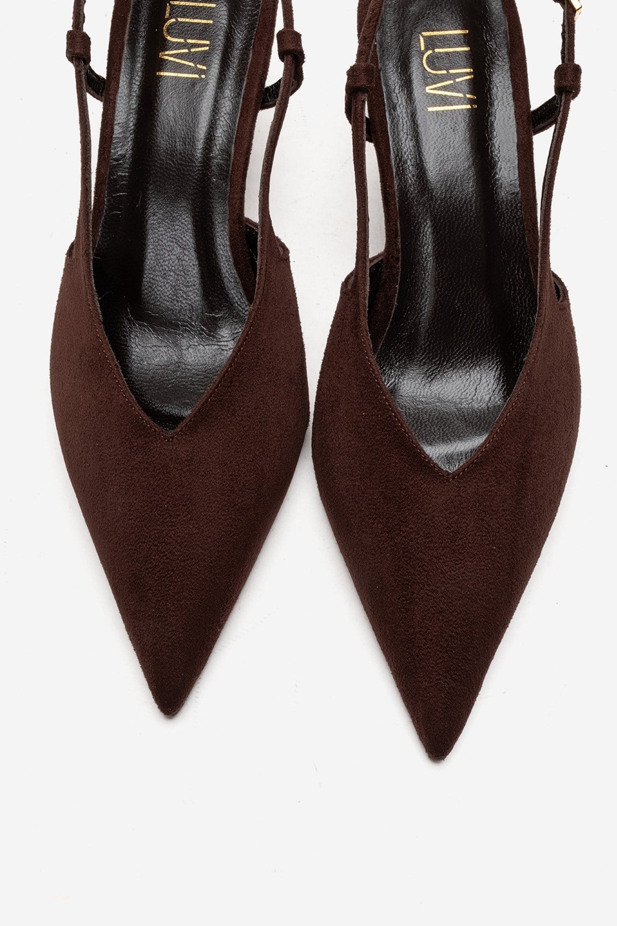 Irena - Brown Genuine Leather Pointed Slingback Stiletto Pump – side view showing leather, suede, SimmiUnique