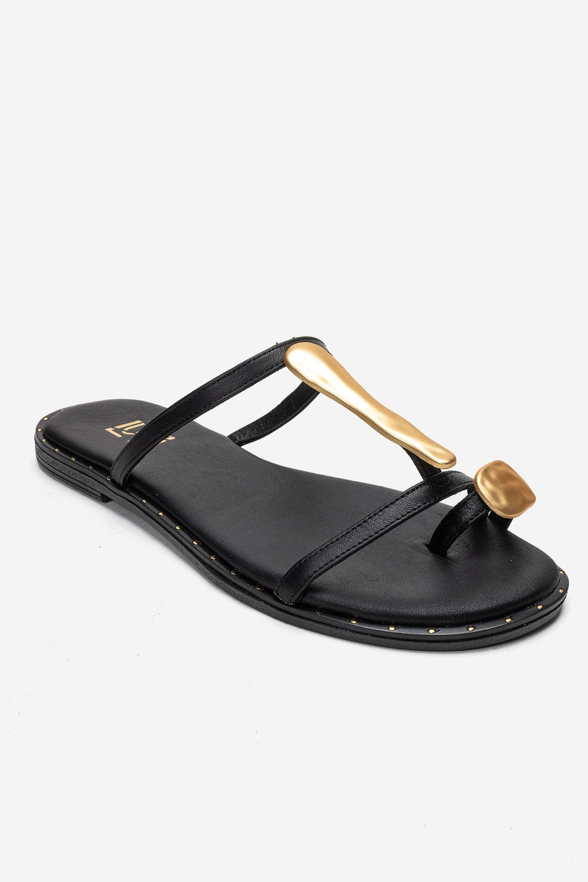 TESSA - Black Genuine Leather Thong Sandal – detail view showing leather, black, gold, SimmiUnique
