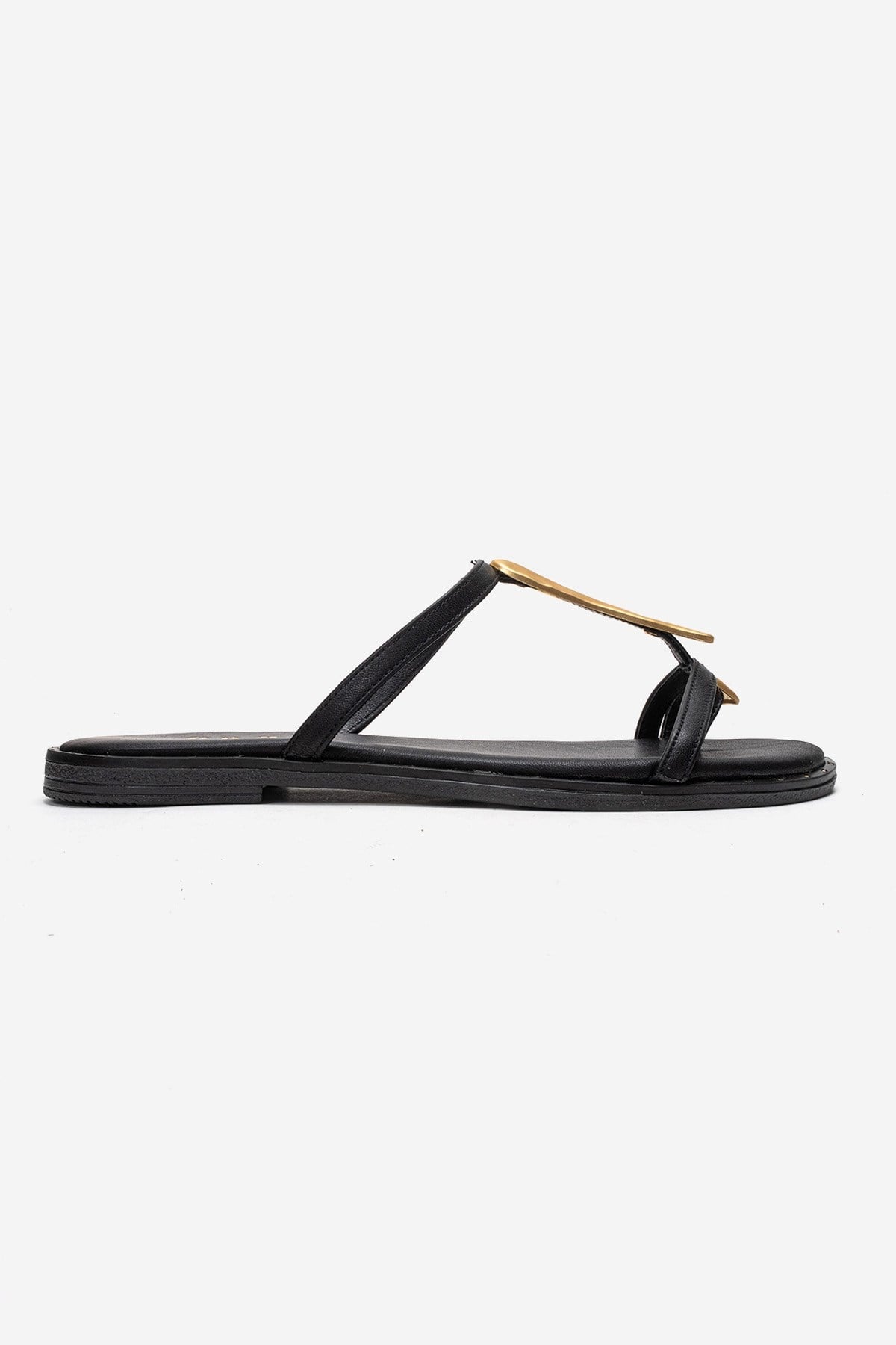TESSA - Black Genuine Leather Thong Sandal – heel view showing leather, black, gold, SimmiUnique