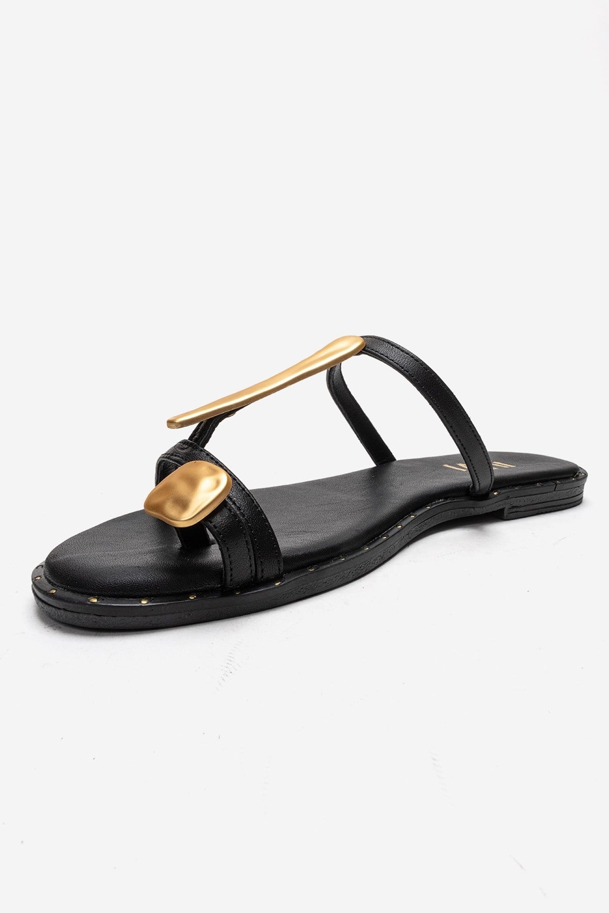 TESSA - Black Genuine Leather Thong Sandal – top view showing leather, black, gold, SimmiUnique