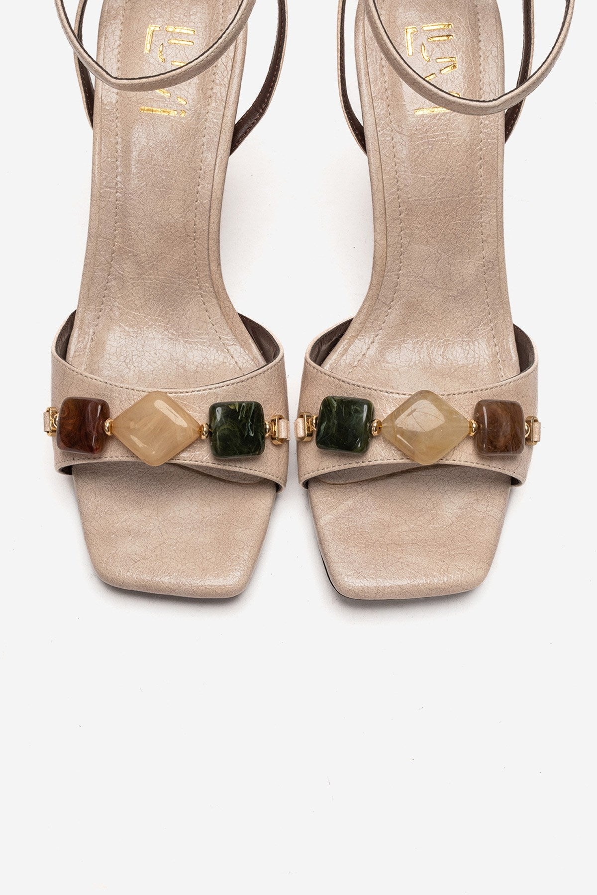 Franca - Beige Natural Stone Buckle Block Heel Shoe – side view showing leather, SimmiUnique
