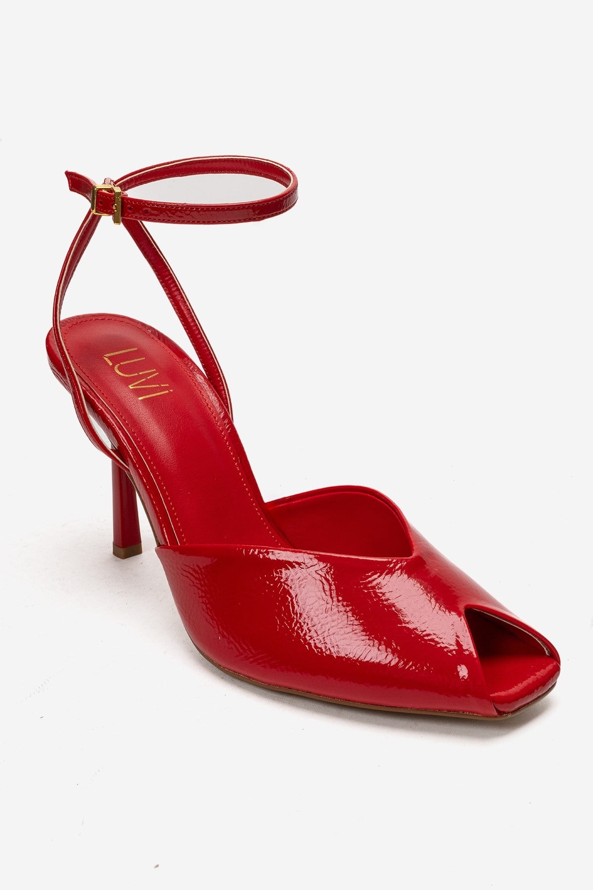 SLATE - Red Genuine Leather Ankle-Strap Stiletto Pump – detail view showing leather, red, SimmiUnique