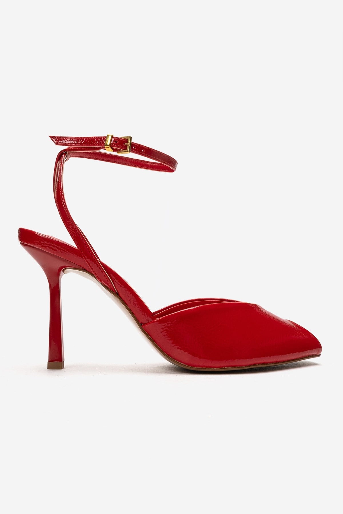 SLATE - Red Genuine Leather Ankle-Strap Stiletto Pump – heel view showing leather, red, SimmiUnique