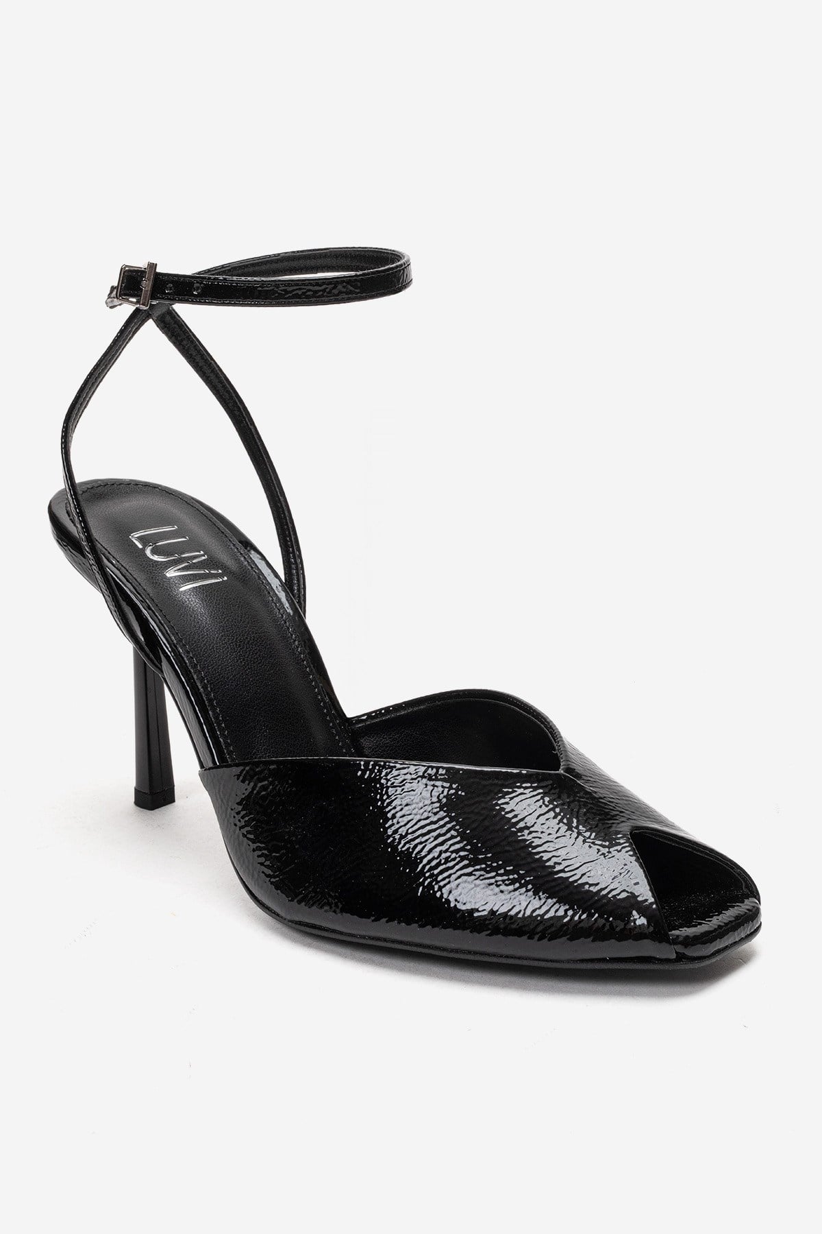 SLATE - Black Genuine Leather Ankle-Strap Stiletto Pump – detail view showing leather, black, SimmiUnique