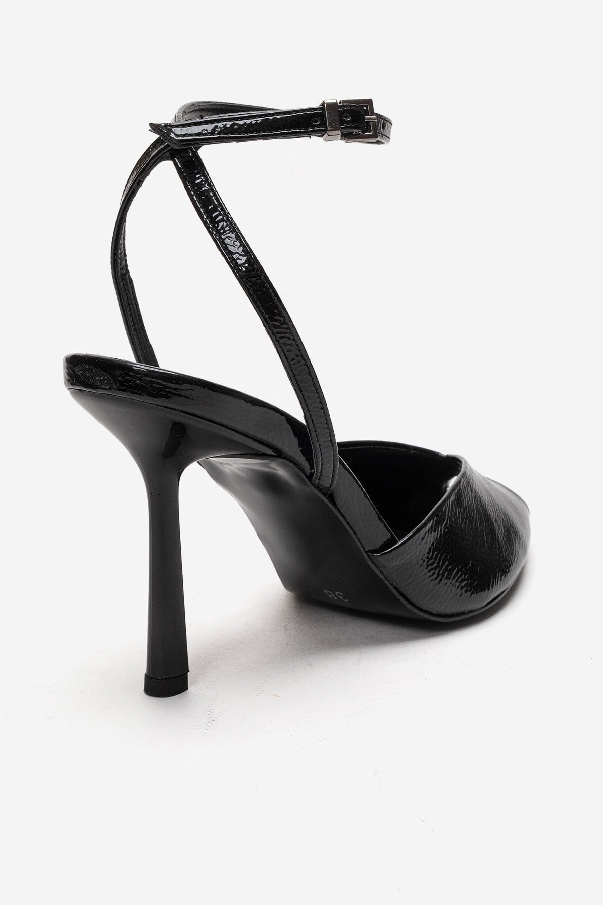SLATE - Black Genuine Leather Ankle-Strap Stiletto Pump – back view showing leather, black, SimmiUnique