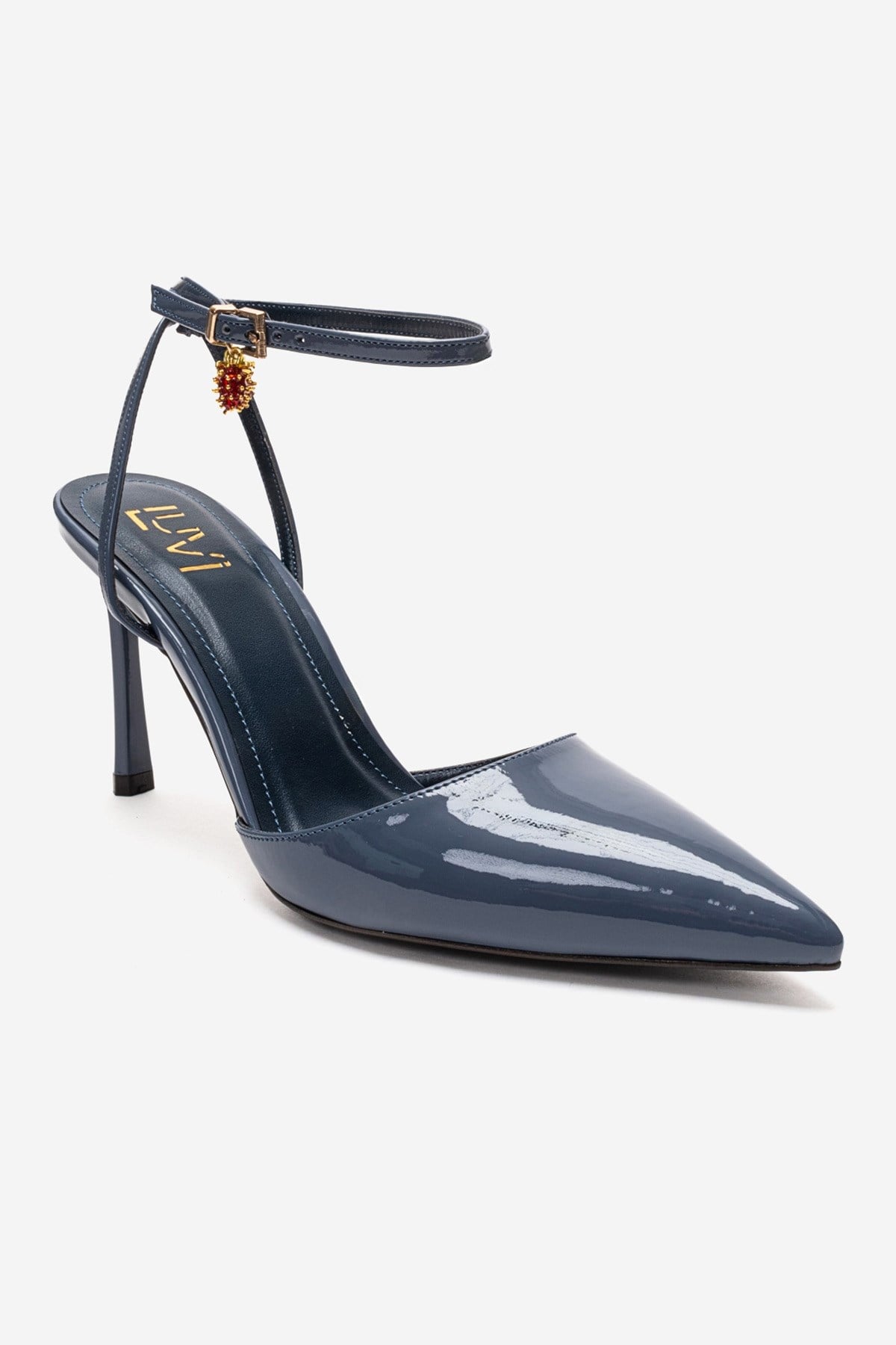 THALIA - Smoky Blue Patent Stiletto Pump – side view showing leather, blue, SimmiUnique