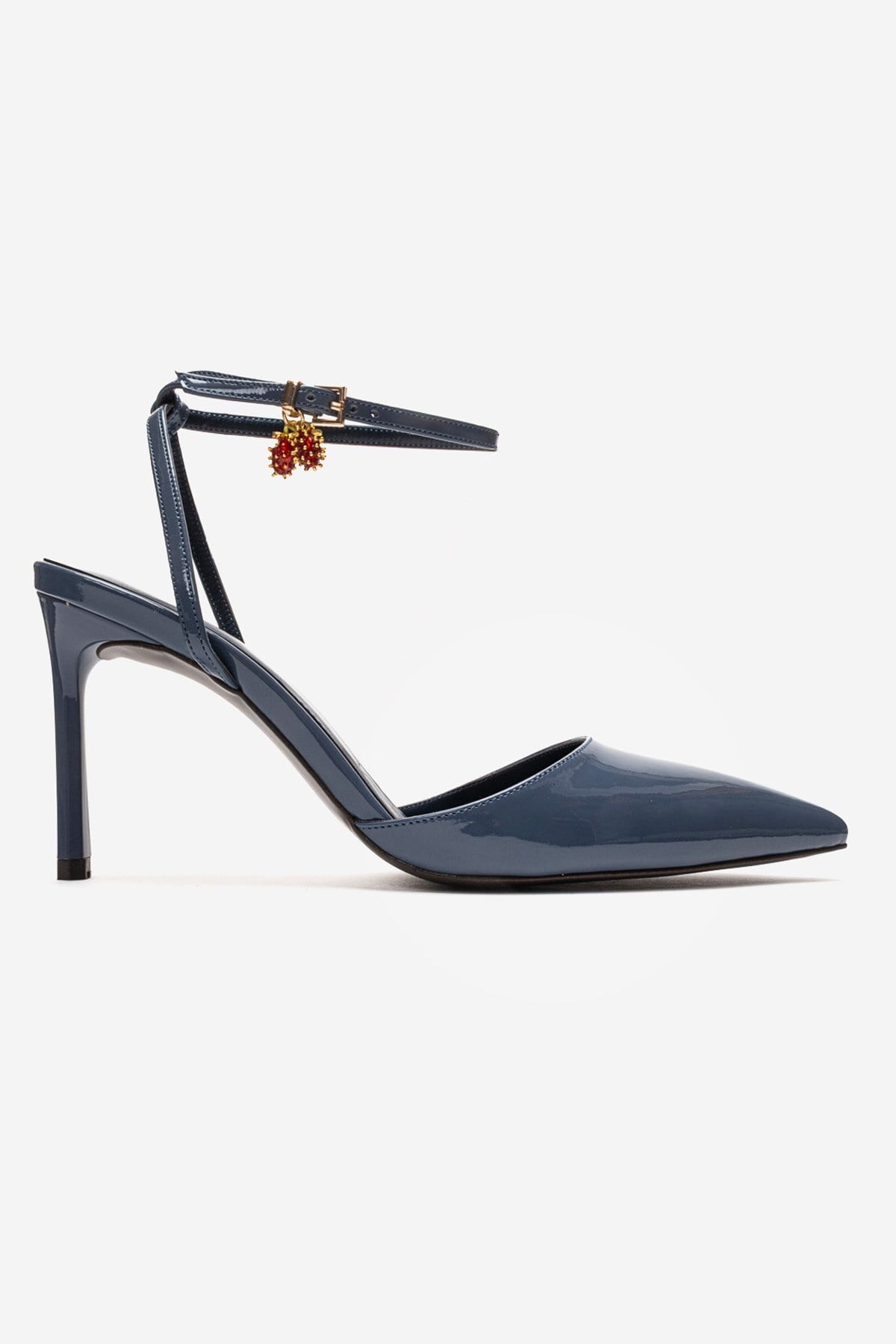 THALIA - Smoky Blue Patent Stiletto Pump – detail view showing leather, blue, SimmiUnique