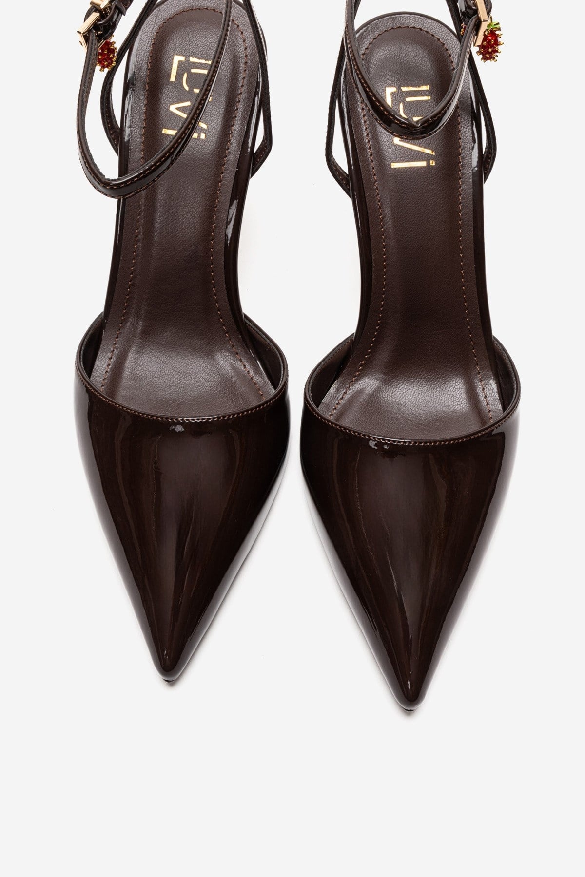 THALIA - Brown Patent Stiletto Pump – side view showing leather, SimmiUnique
