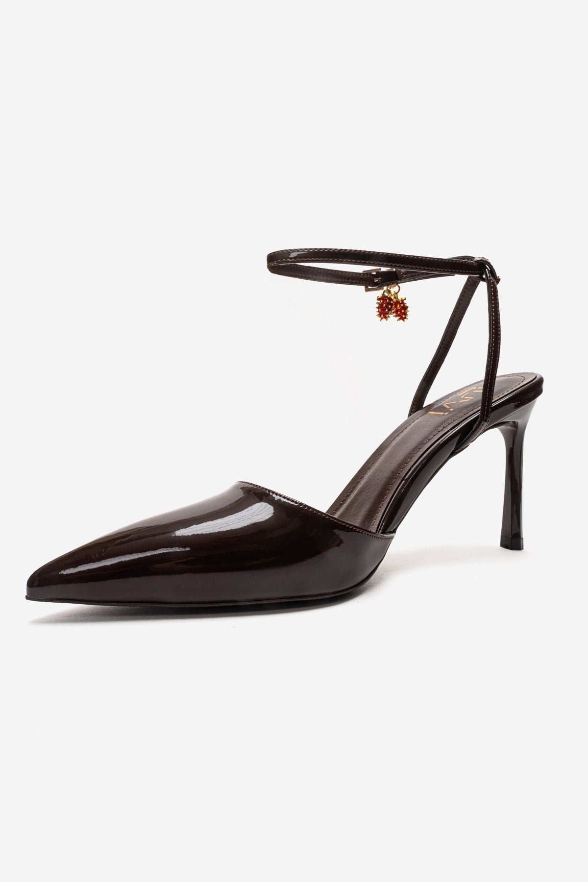 THALIA - Brown Patent Stiletto Pump – top view showing leather, SimmiUnique