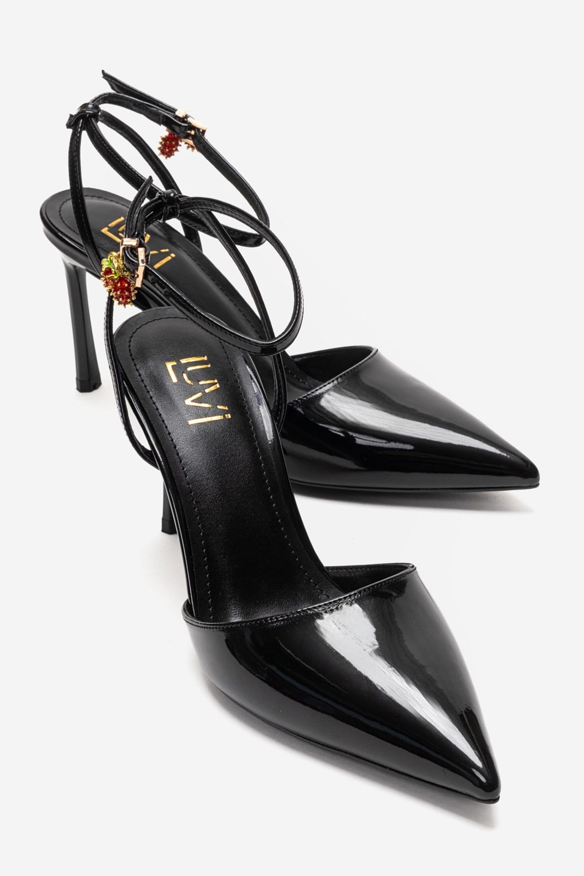 THALIA - Black Patent Stiletto Pump – front three-quarter view showing leather, black, SimmiUnique