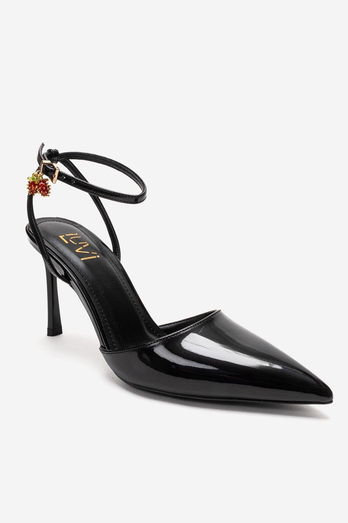 THALIA - Black Patent Stiletto Pump – detail view showing leather, black, SimmiUnique