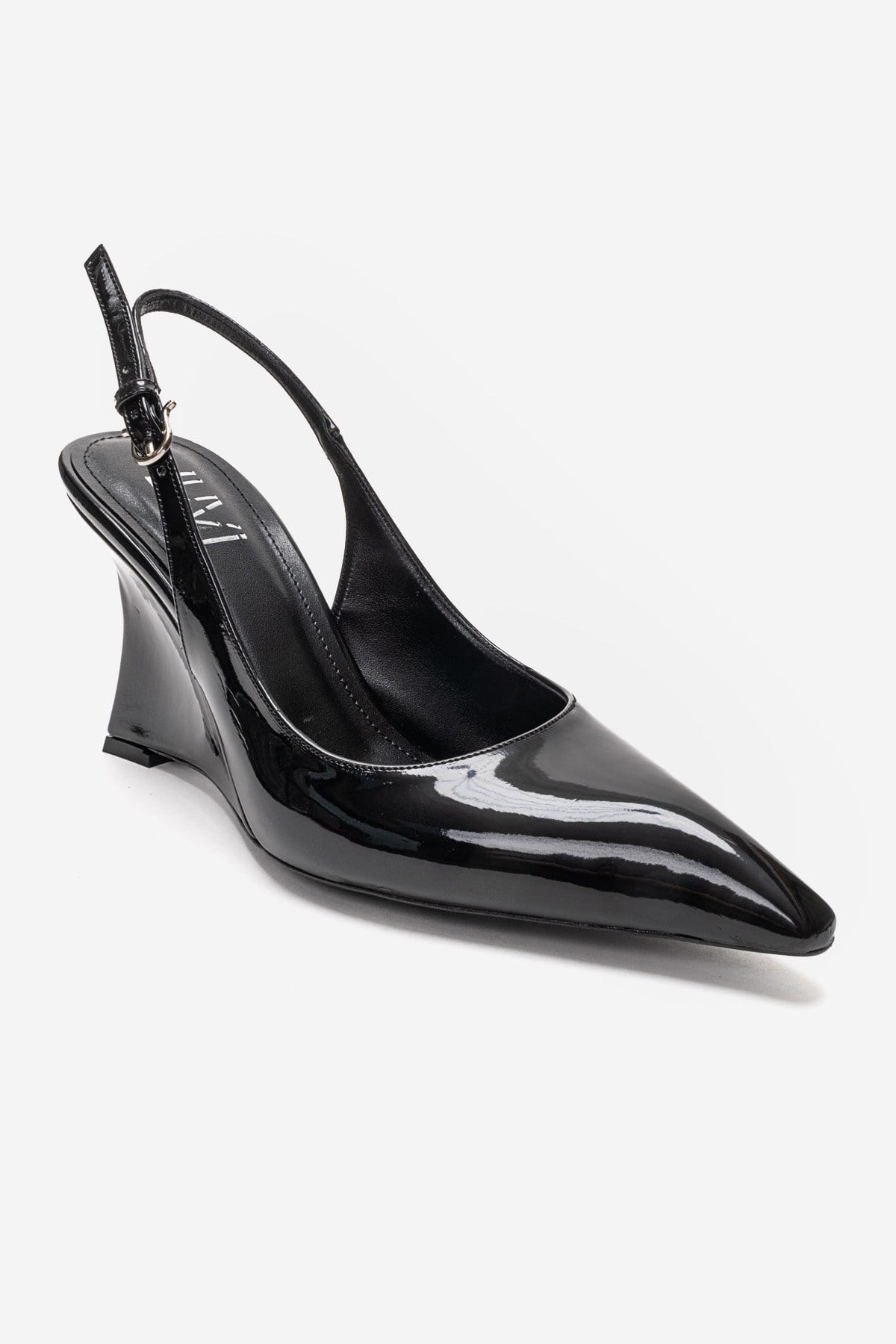 Felon - Black Wedge Heel Slingback – detail view showing leather, black, SimmiUnique