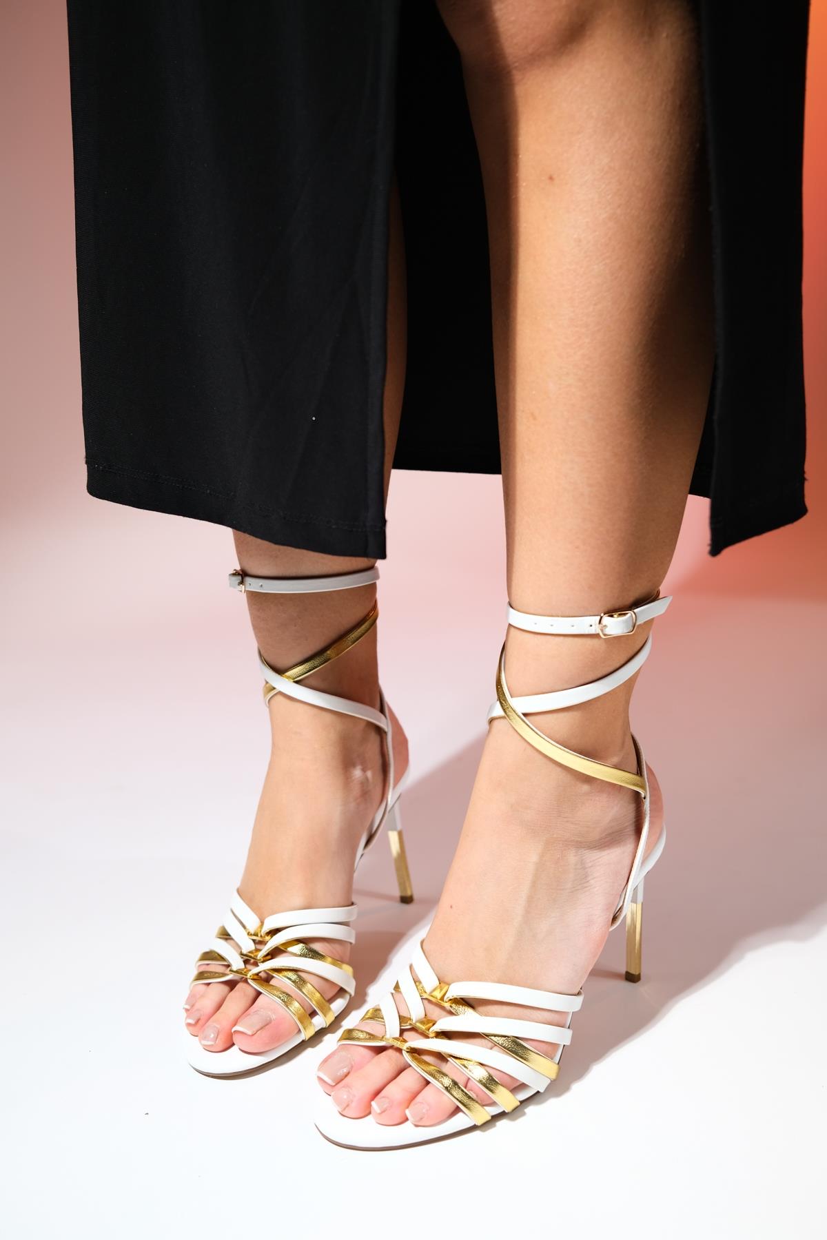 Bellon - White Ankle-Tie High Heel Shoe – front three-quarter view showing leather, white, SimmiUnique