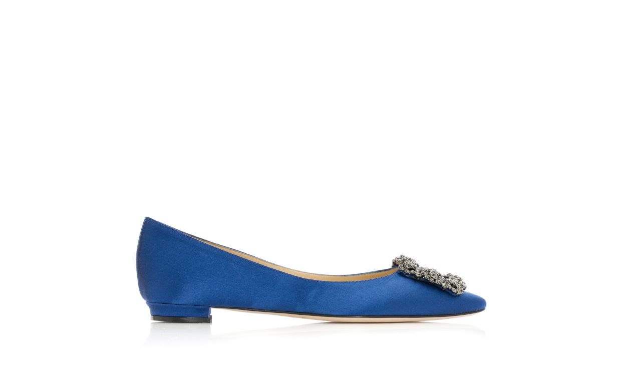 Arabella Bloom Blue Jewel Buckle Pumps – side profile showing blue jewel buckle, crystal buckle, almond toe, satin…