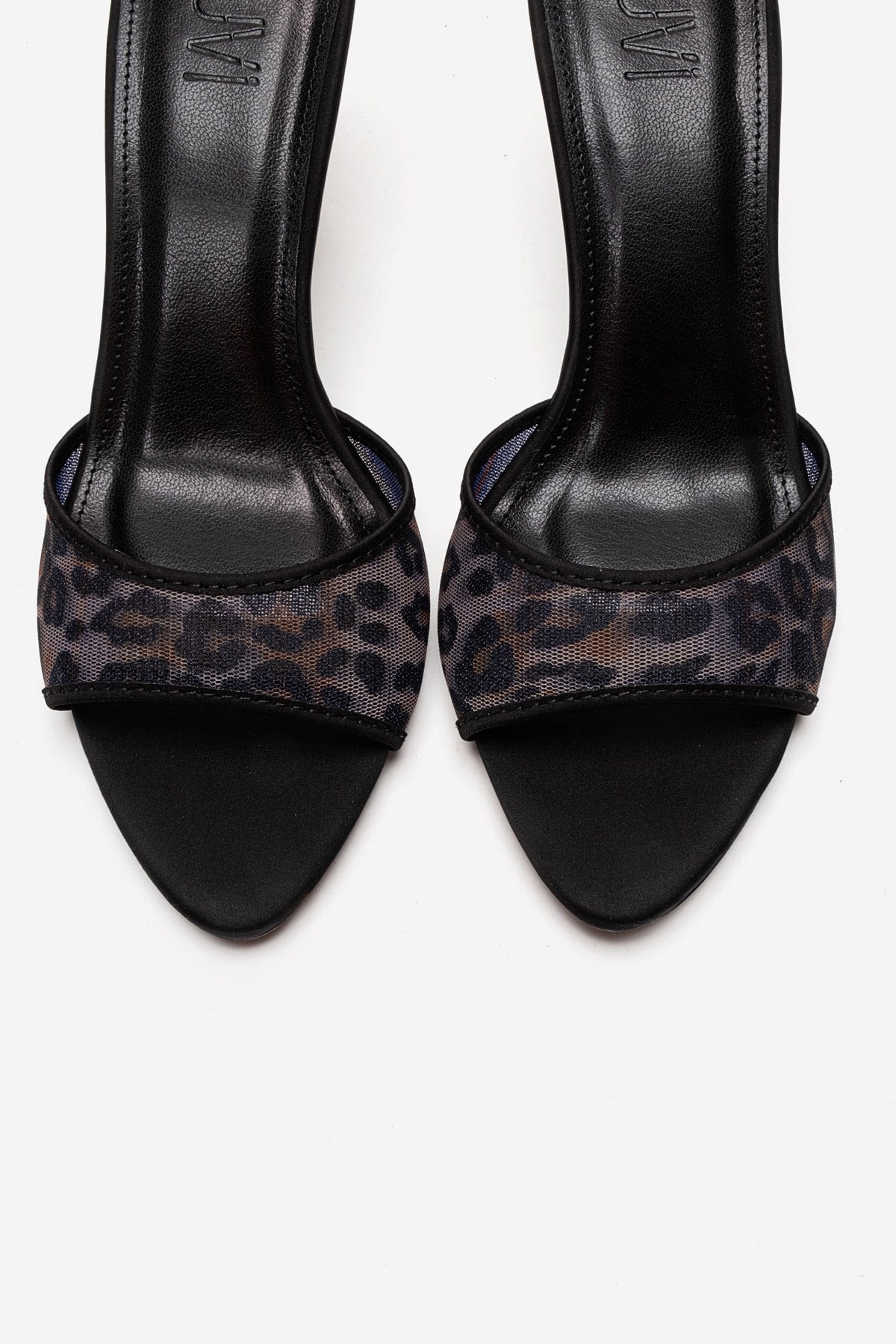 MONROE - Black Patterned Mesh Heeled Mule – side view showing leather, mesh, black, SimmiUnique