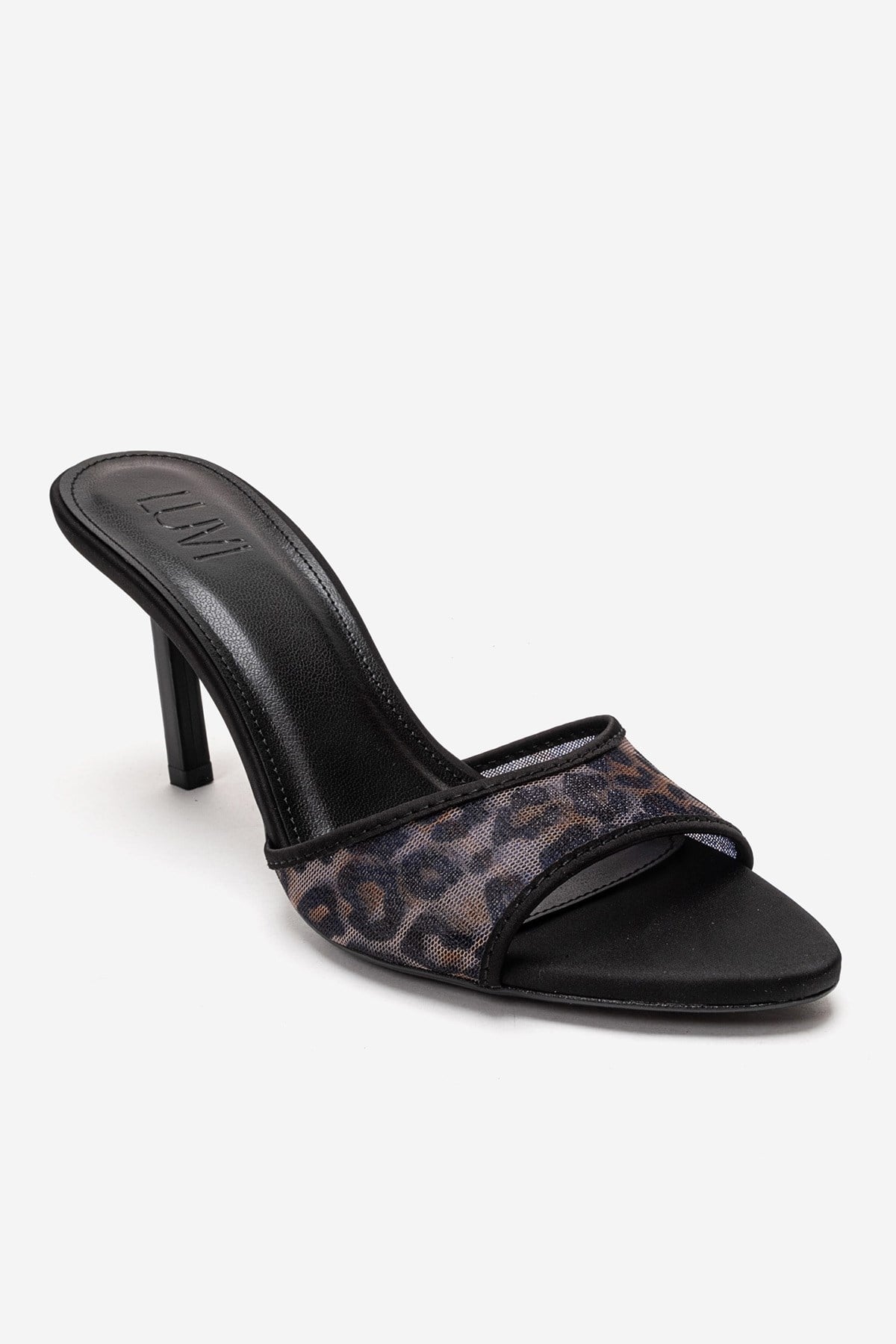 MONROE - Black Patterned Mesh Heeled Mule – detail view showing leather, mesh, black, SimmiUnique