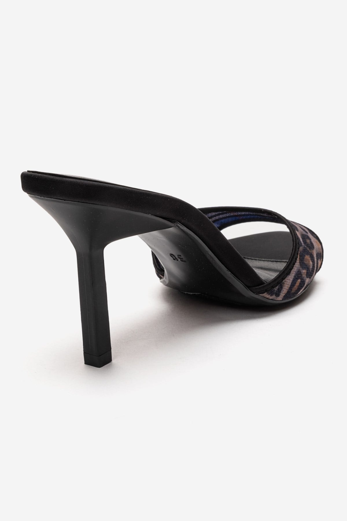 MONROE - Black Patterned Mesh Heeled Mule – back view showing leather, mesh, black, SimmiUnique