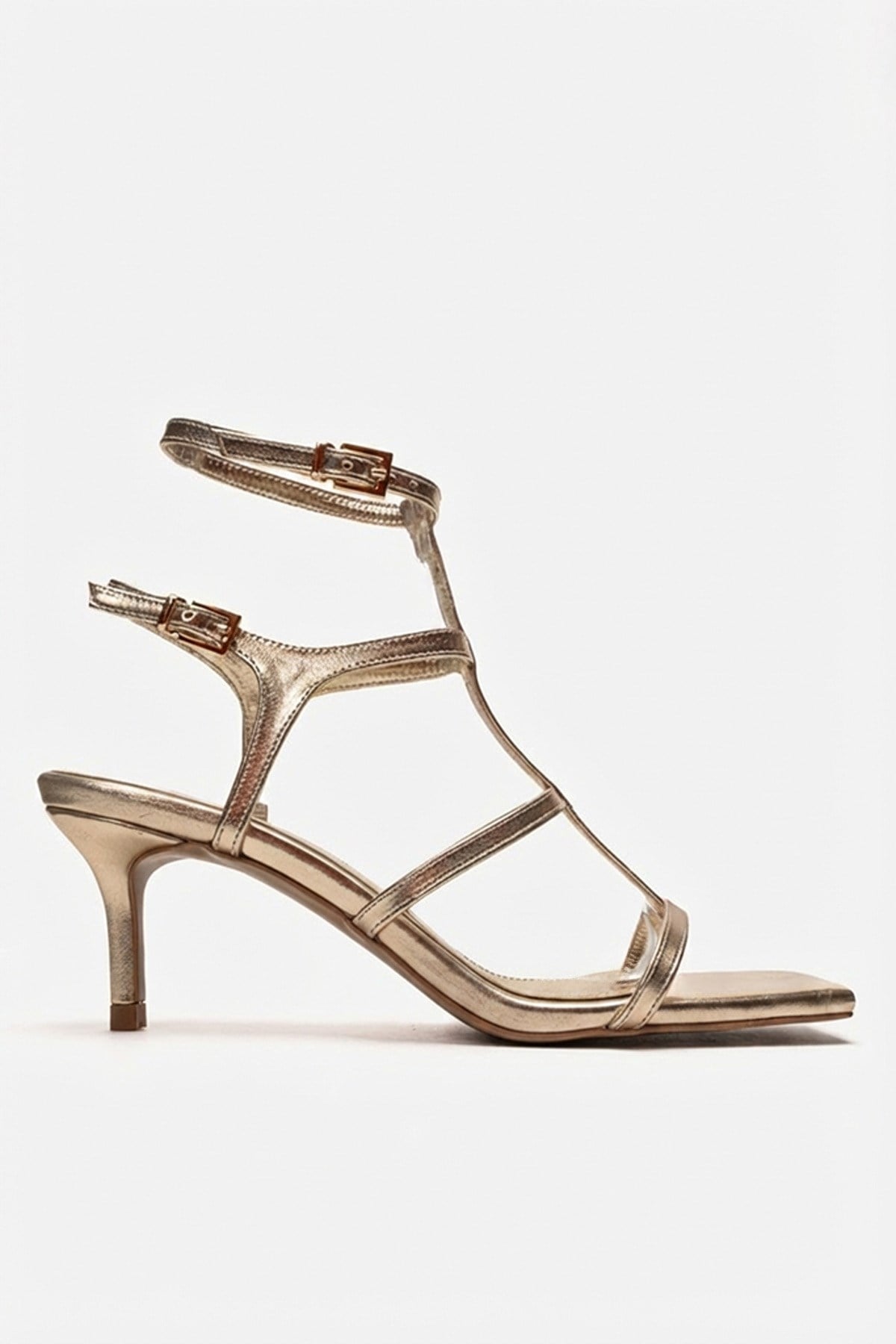 VIENTO - Gold Ankle-Strap Stiletto Pump – heel view showing leather, gold, SimmiUnique