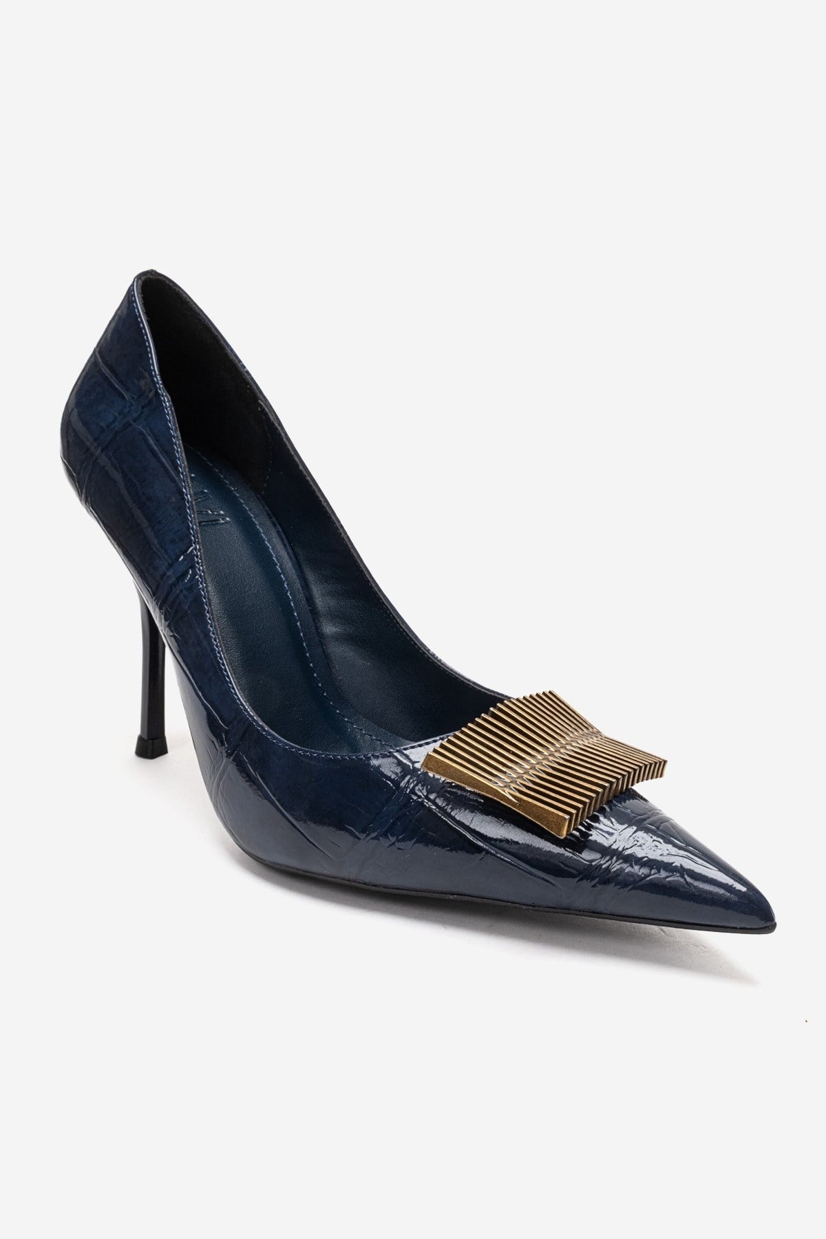 DEXEN - Navy Stiletto Pump – detail view showing leather, SimmiUnique