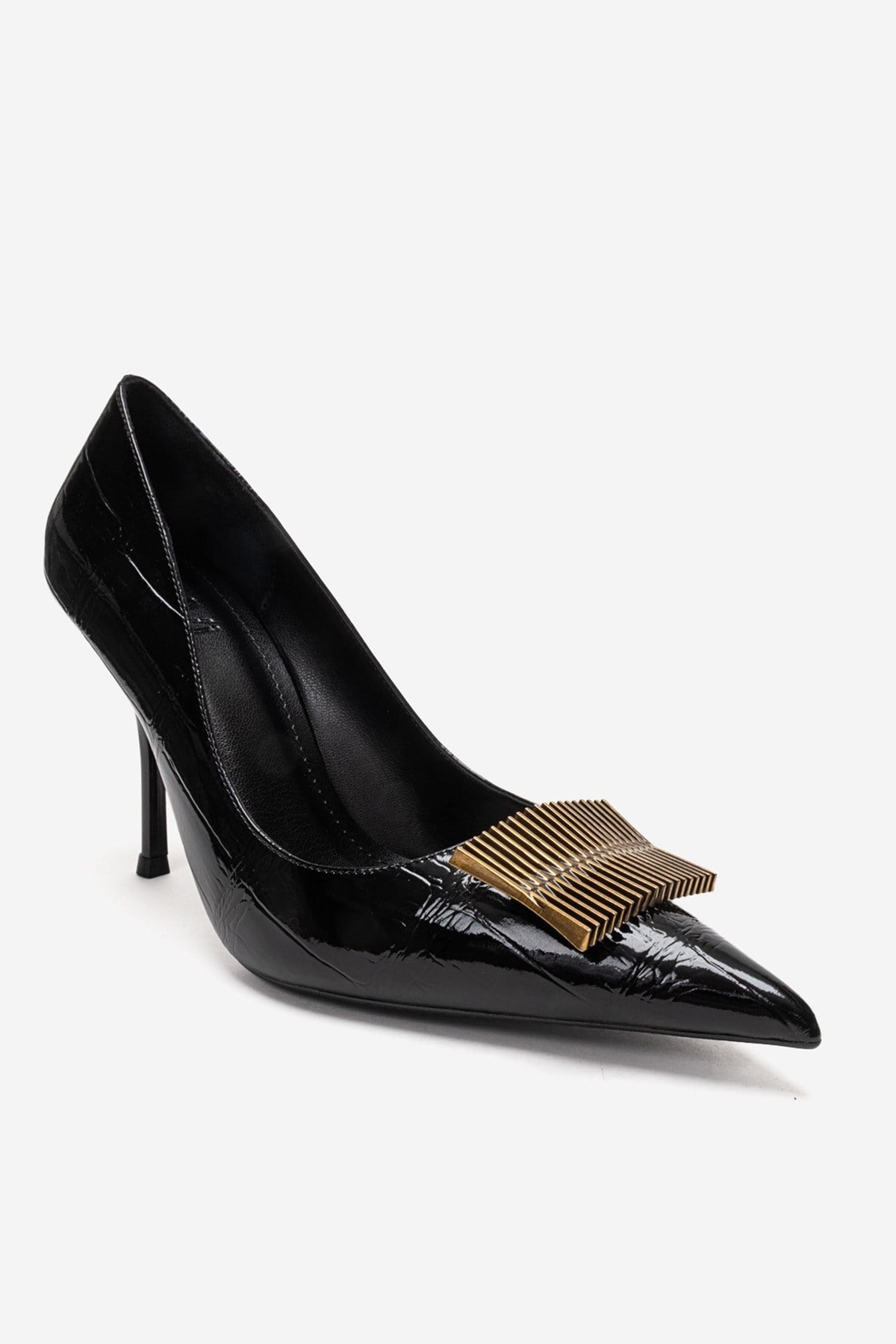 DEXEN - Black Stiletto Pump – detail view showing leather, black, SimmiUnique