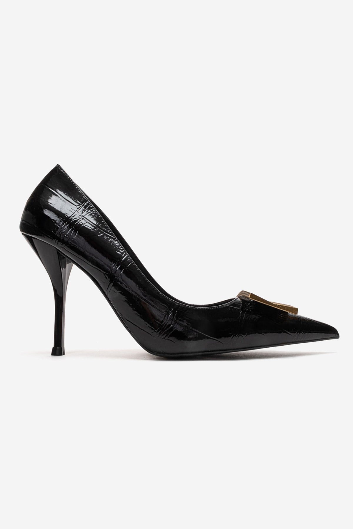 DEXEN - Black Stiletto Pump – heel view showing leather, black, SimmiUnique