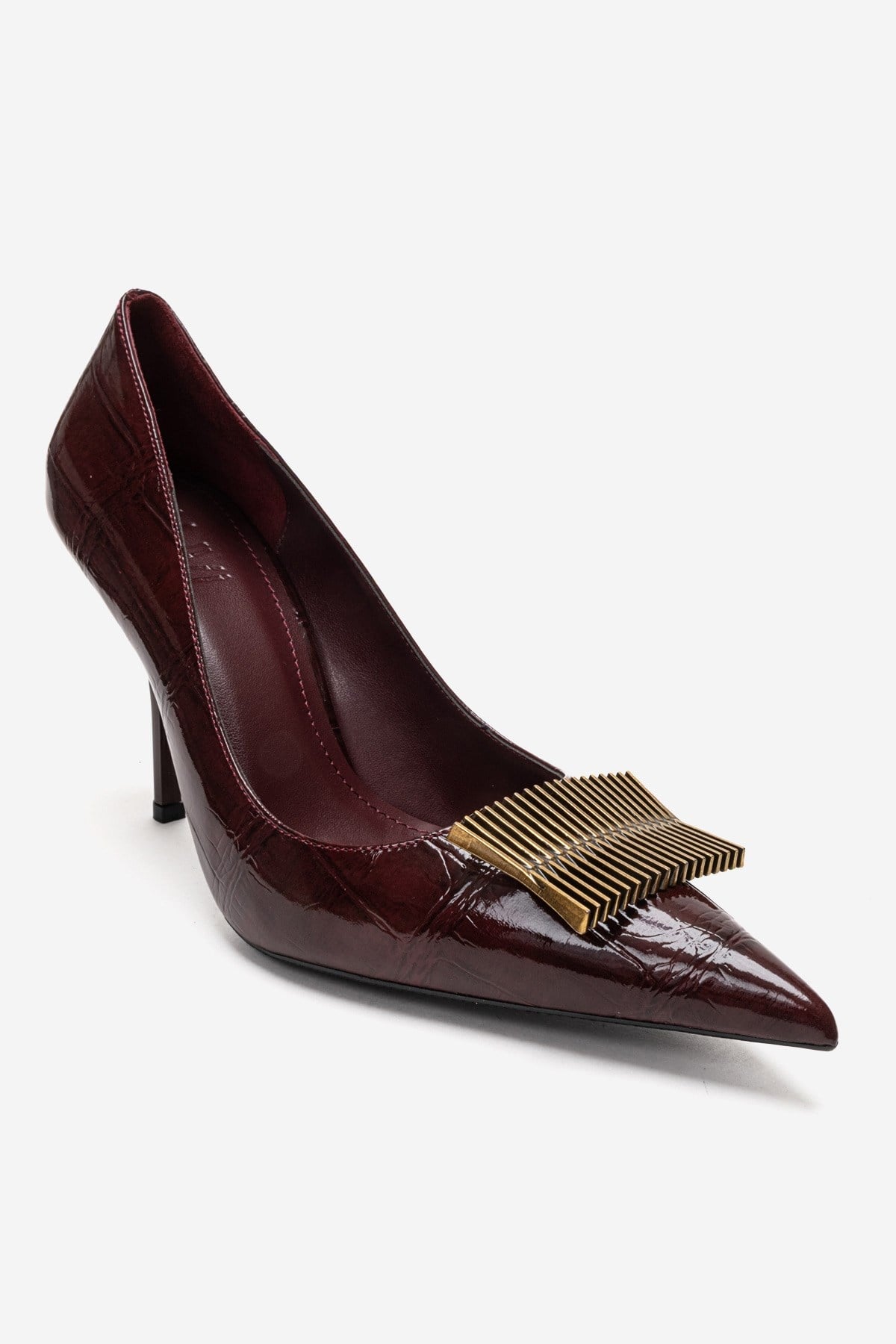 DEXEN - Burgundy Stiletto Pump – detail view showing leather, SimmiUnique