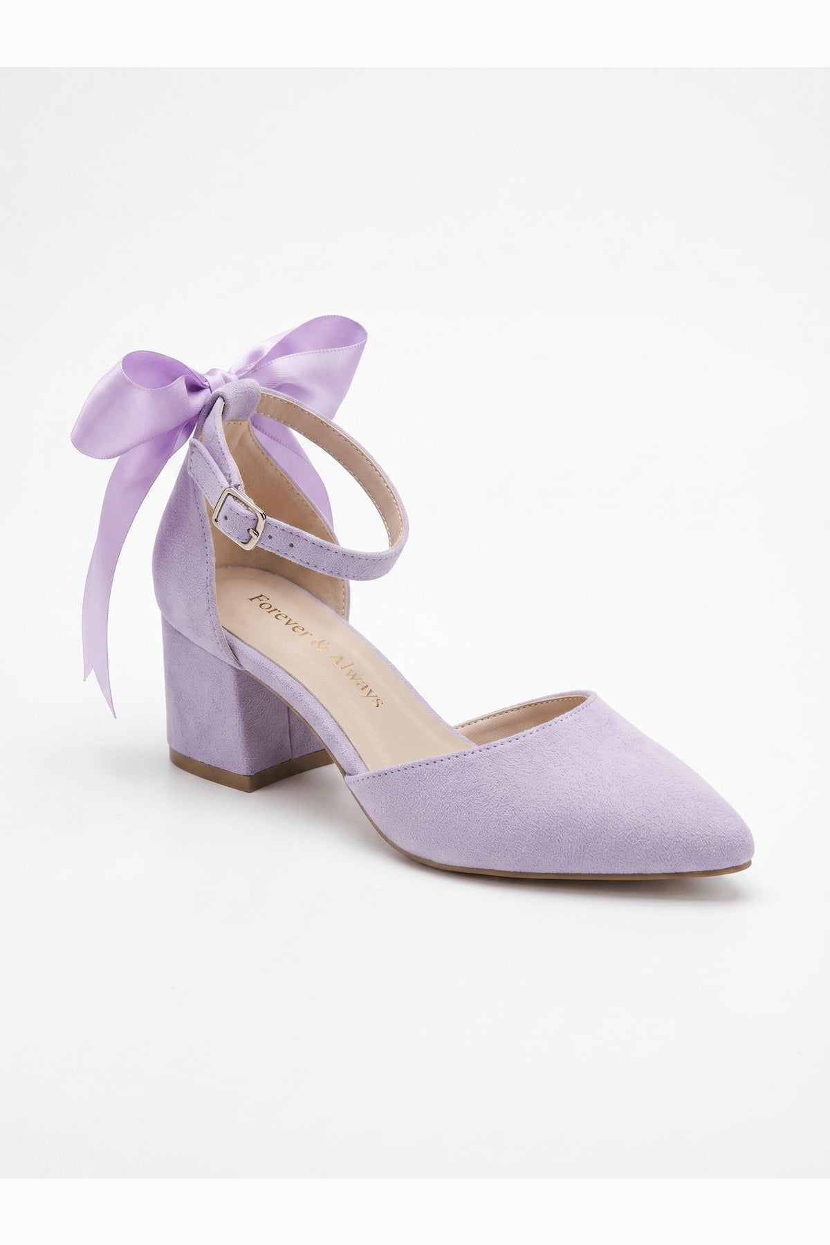 Arielle Lilac Suede Bow Ankle Strap Block Heel Sandal – front three-quarter view showing bow, suede, red, SimmiUnique