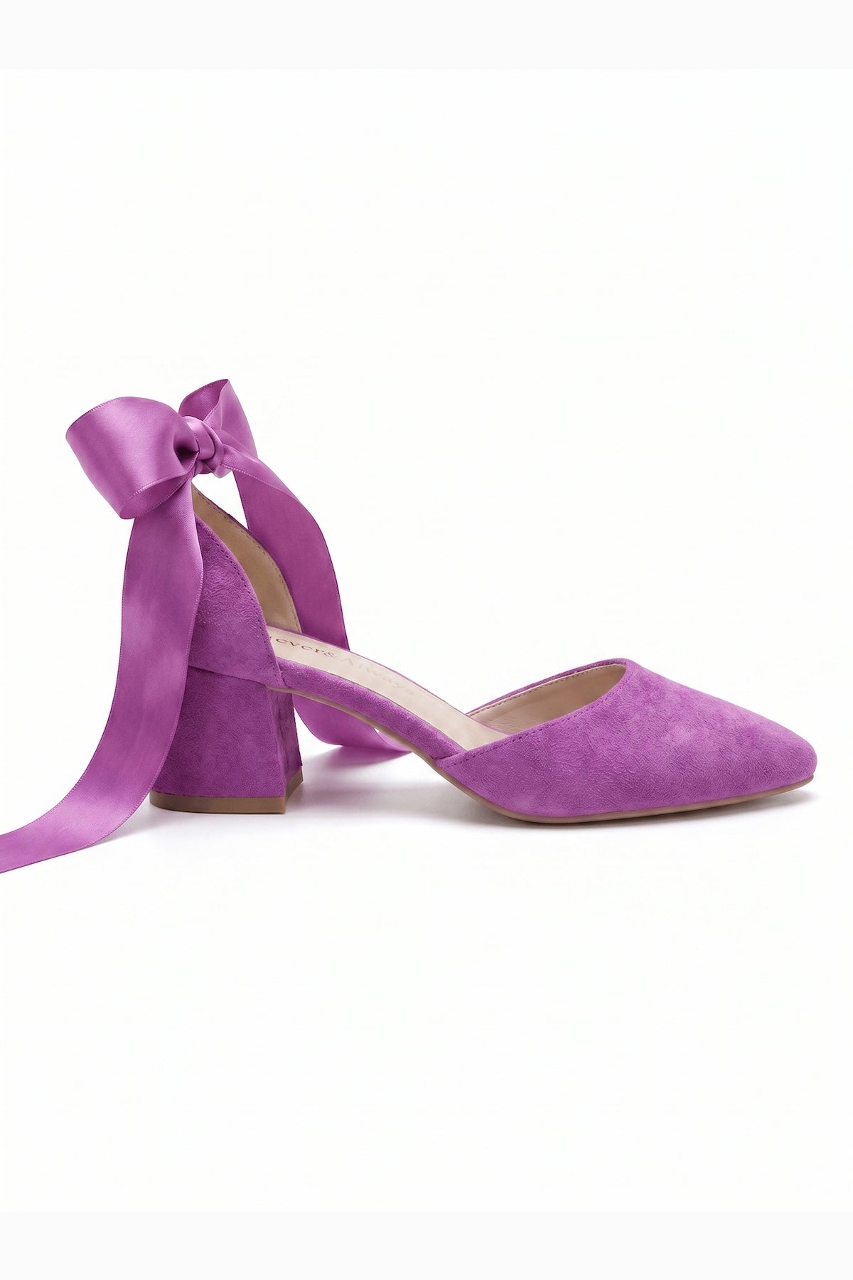 Fiona Fuchsia Suede Bow Ankle Strap Block Heel Pump – side view showing bow, suede, red, SimmiUnique