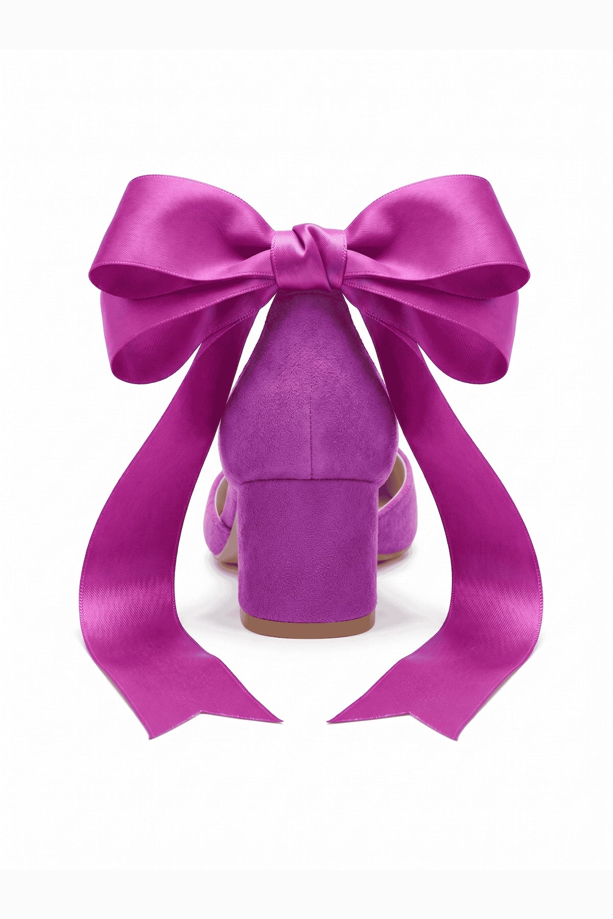 Fiona Fuchsia Suede Bow Ankle Strap Block Heel Pump – detail view showing bow, suede, red, SimmiUnique