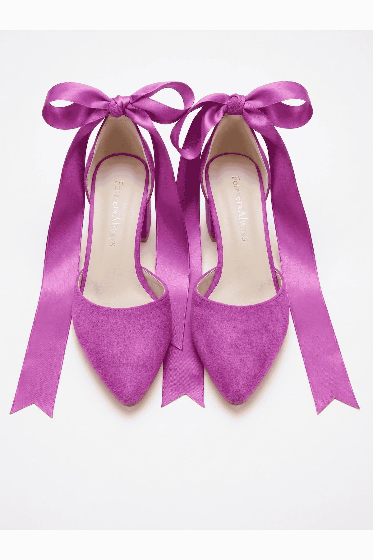 Fiona Fuchsia Suede Bow Ankle Strap Block Heel Pump – heel view showing bow, suede, red, SimmiUnique