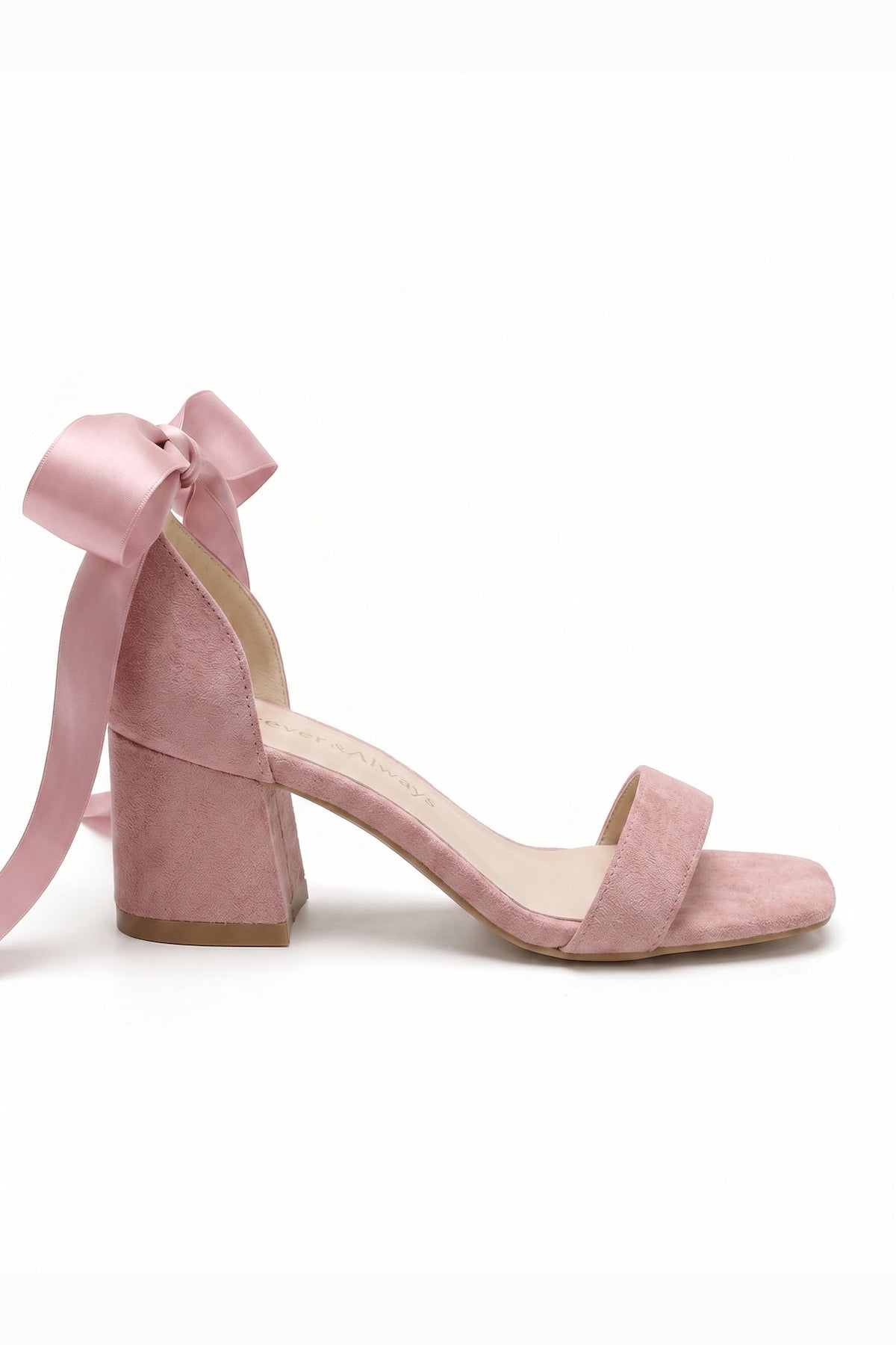 Rova Dusty Pink Suede Satin Bow Block Heel Sandal – side view showing bow, satin, suede, SimmiUnique