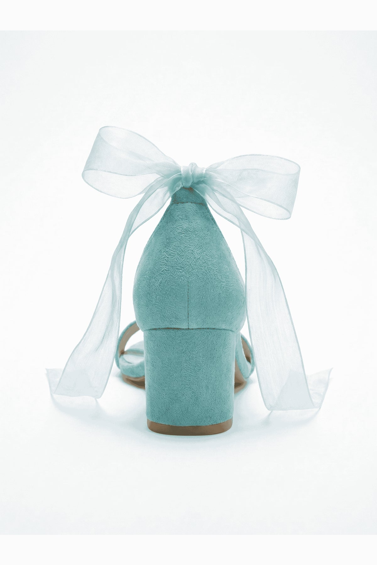 Rova Aqua Blue Suede Organza Ribbon Ankle Strap Block Heel Sandal – detail view showing suede, blue, SimmiUnique