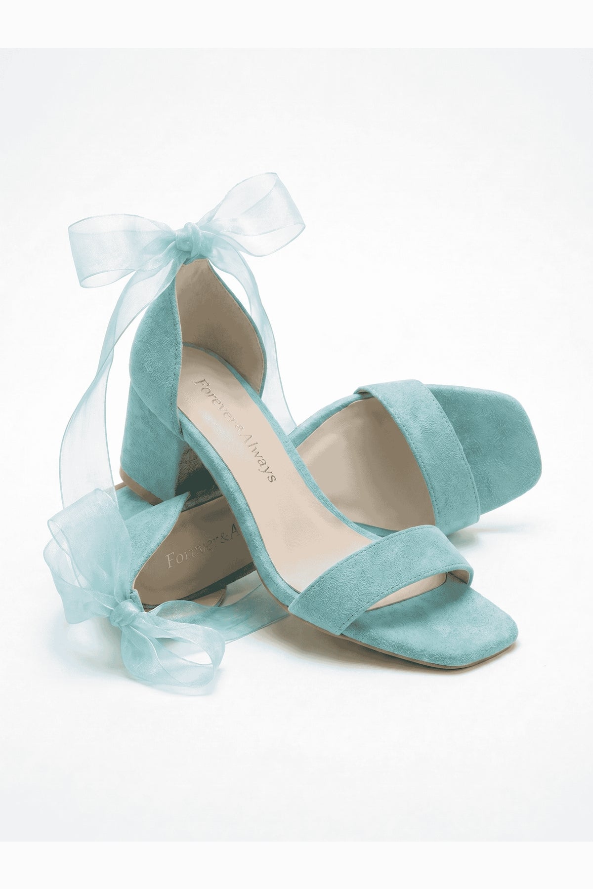 Rova Aqua Blue Suede Organza Ribbon Ankle Strap Block Heel Sandal – heel view showing suede, blue, SimmiUnique