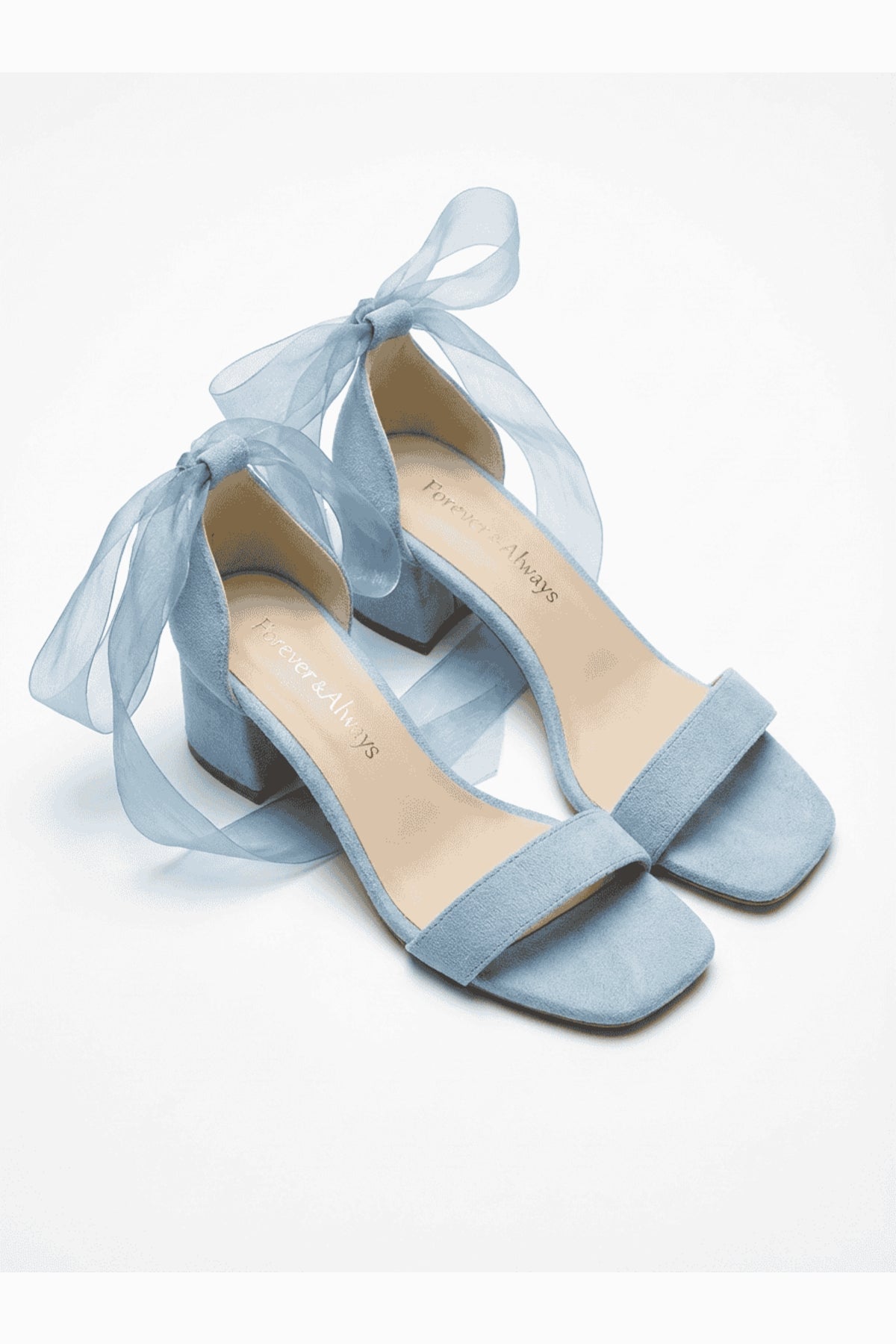 Rova Blue Suede Organza Ribbon Ankle Strap Block Heel Sandal – back view showing suede, blue, SimmiUnique