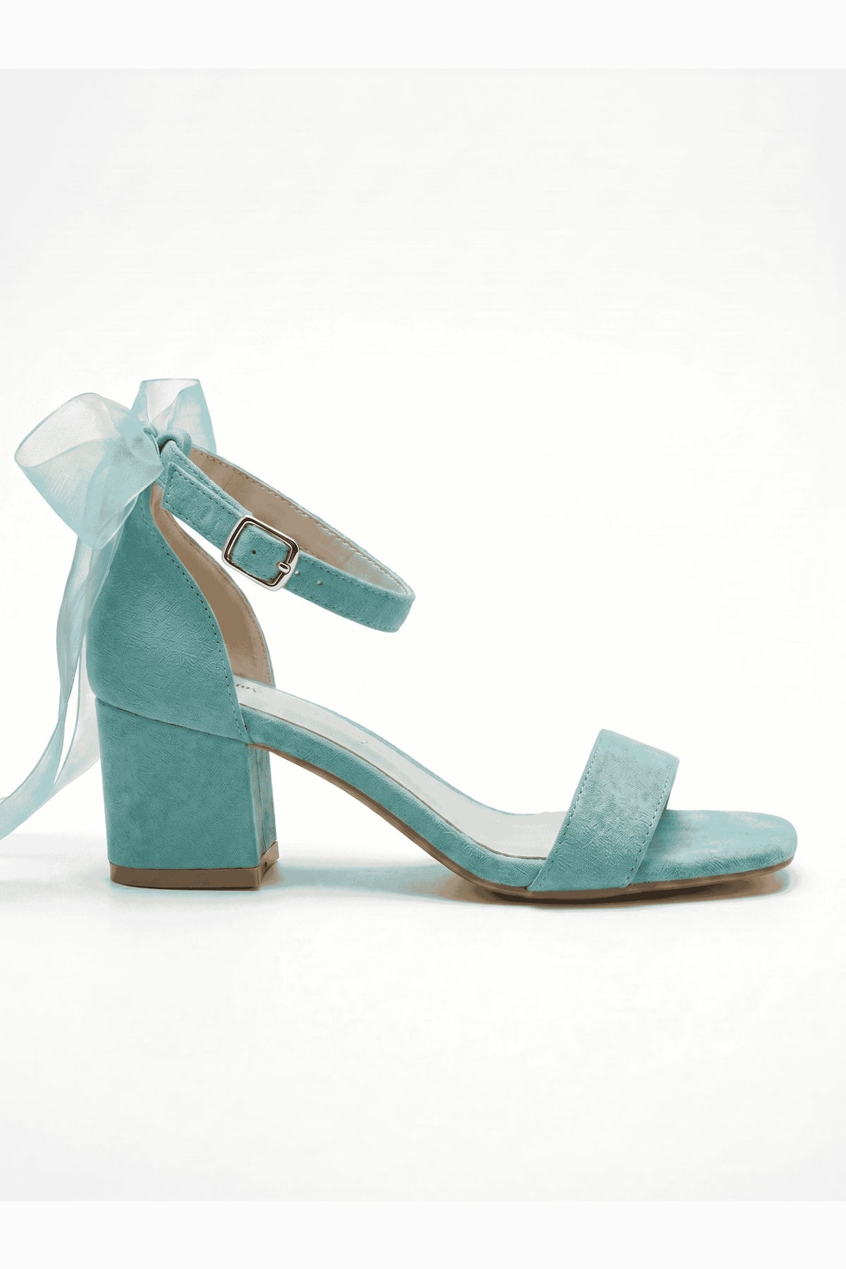 Rochelle Aqua Suede Organza Tulle Ribbon Ankle Strap Block Heel Sandal – side view showing suede, red, SimmiUnique