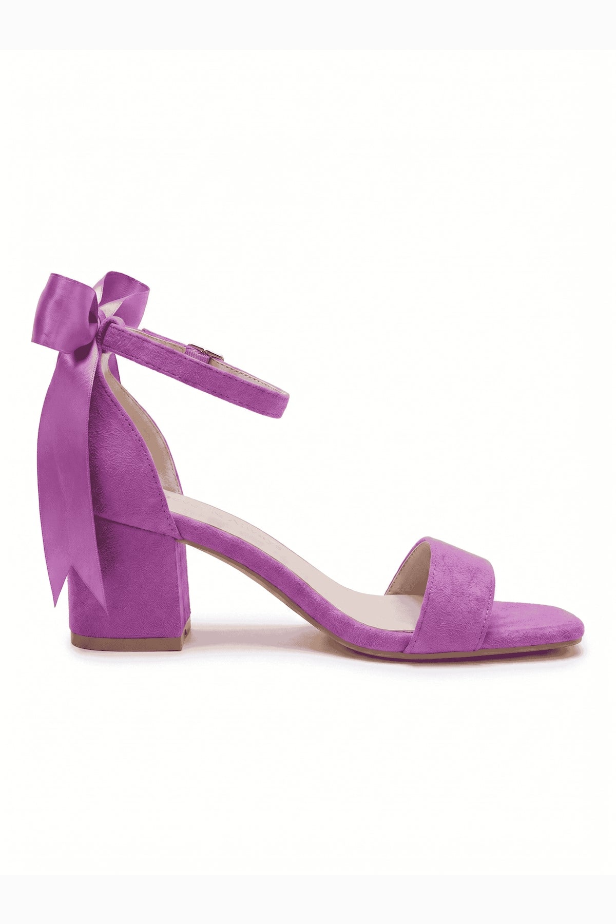 Rochelle Fuchsia Suede Satin Ribbon Ankle Strap Block Heel Sandal – side view showing satin, suede, red, SimmiUnique