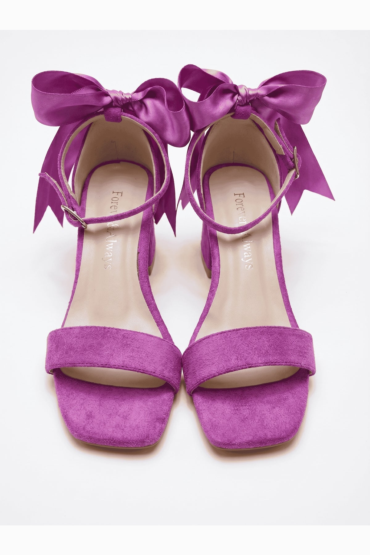 Rochelle Fuchsia Suede Satin Ribbon Ankle Strap Block Heel Sandal – heel view showing satin, suede, red, SimmiUnique