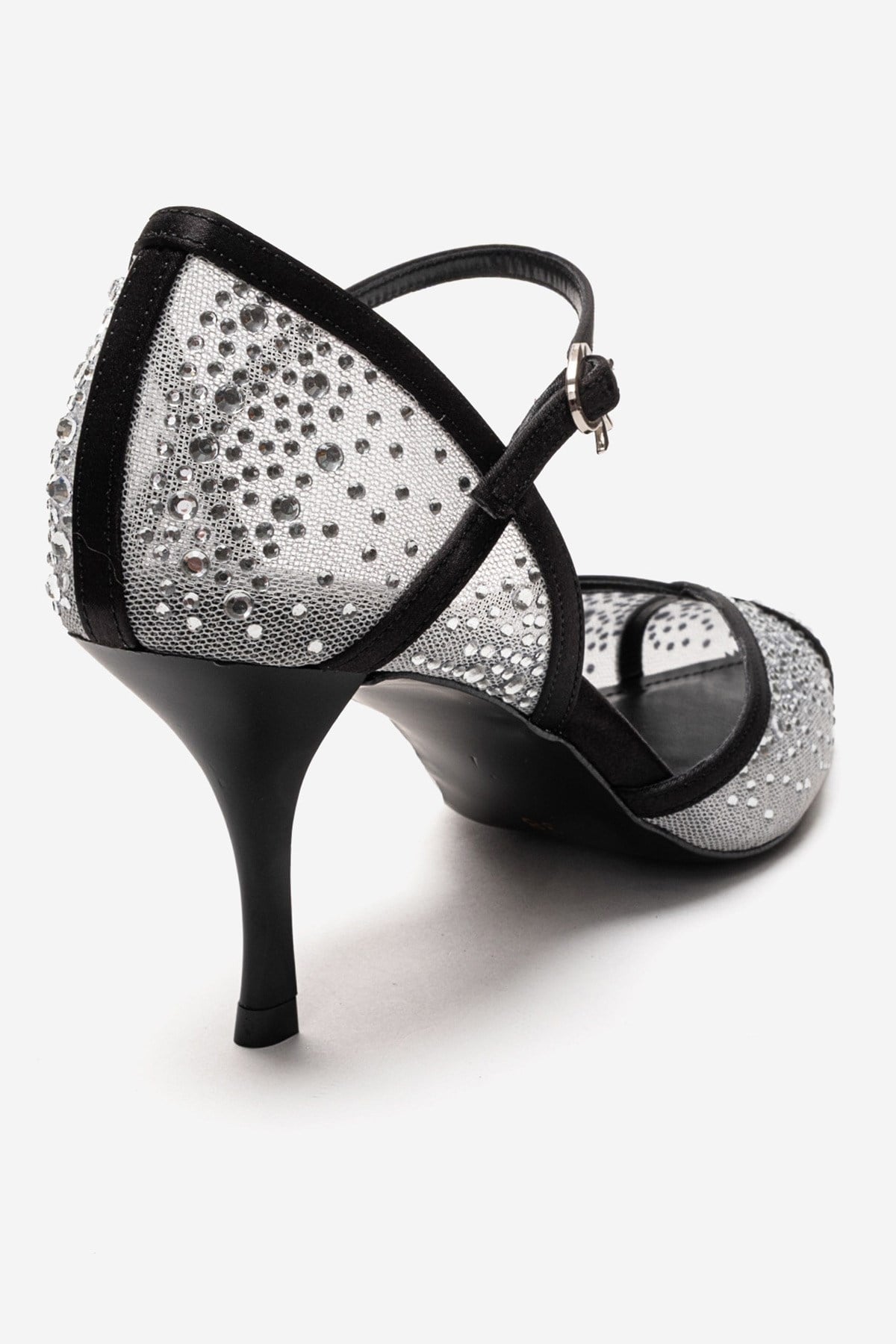 RACHEL - White And Black Genuine Leather Mesh And Satin Stone-Embellis – back view showing satin, leather, glitter…