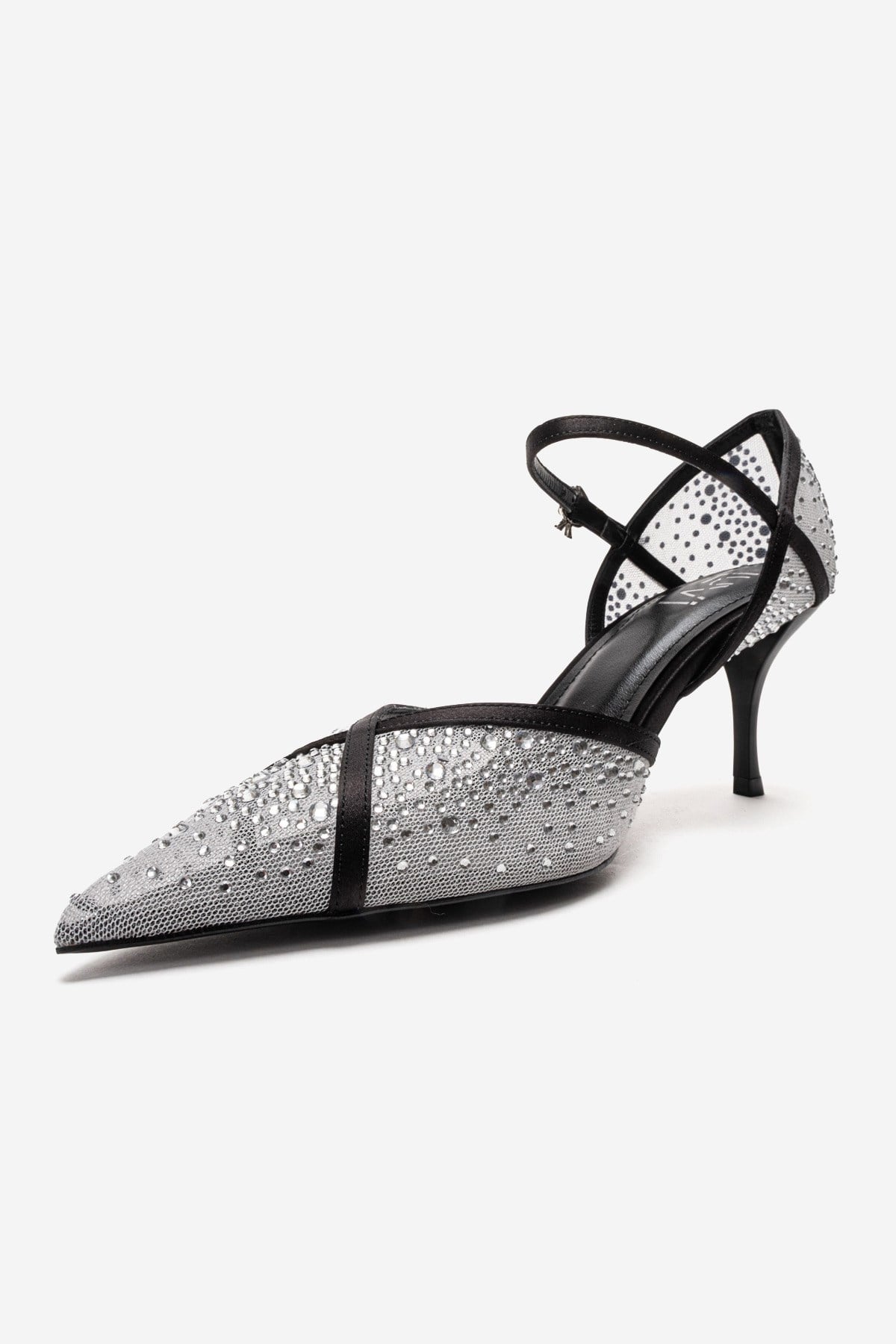 RACHEL - White And Black Genuine Leather Mesh And Satin Stone-Embellis – top view showing satin, leather, glitter…
