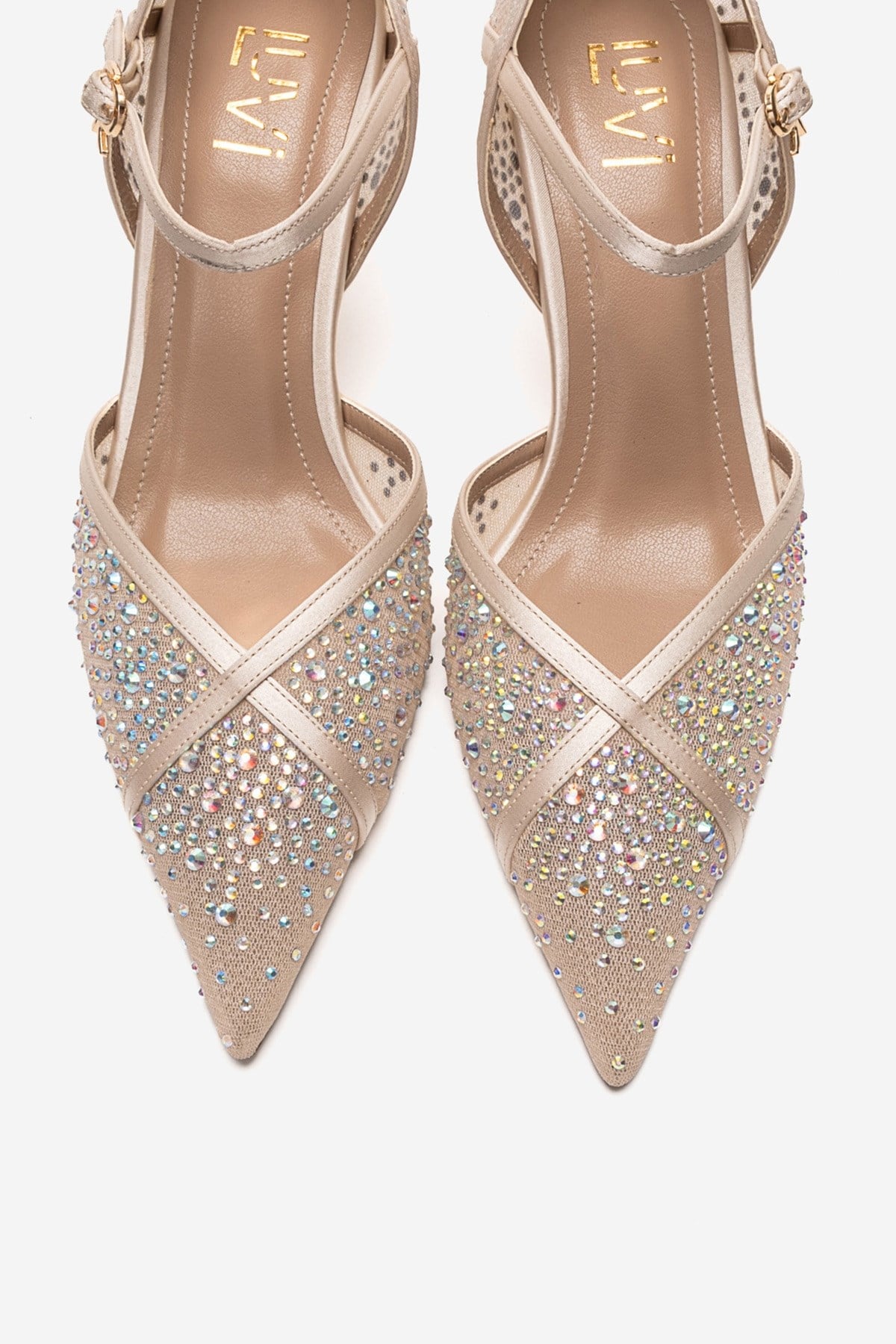 RACHEL - Beige Genuine Leather Satin Stone-Embellished Mesh Stiletto P – side view showing satin, leather, mesh, SimmiUnique