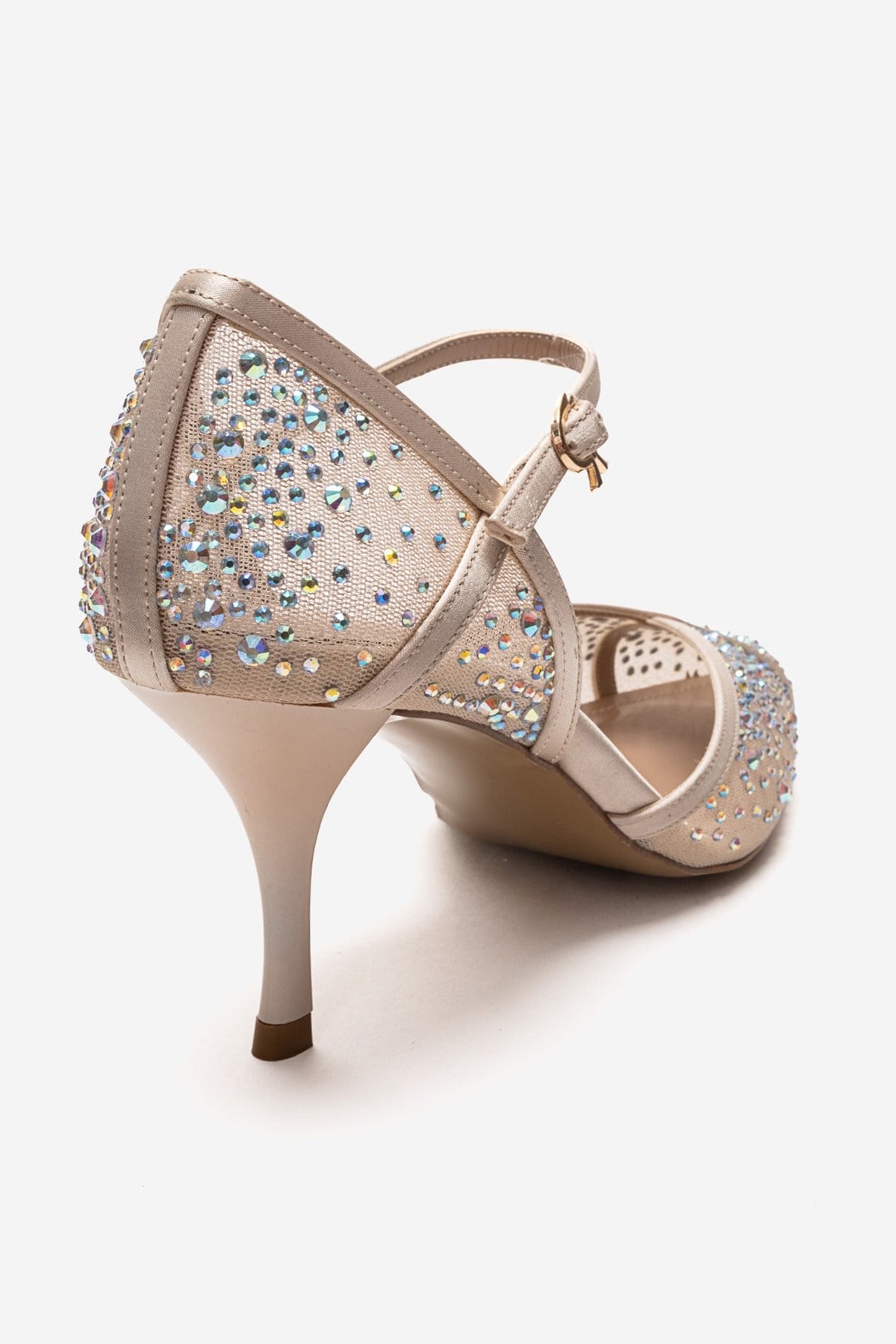 RACHEL - Beige Genuine Leather Satin Stone-Embellished Mesh Stiletto P – back view showing satin, leather, mesh, SimmiUnique