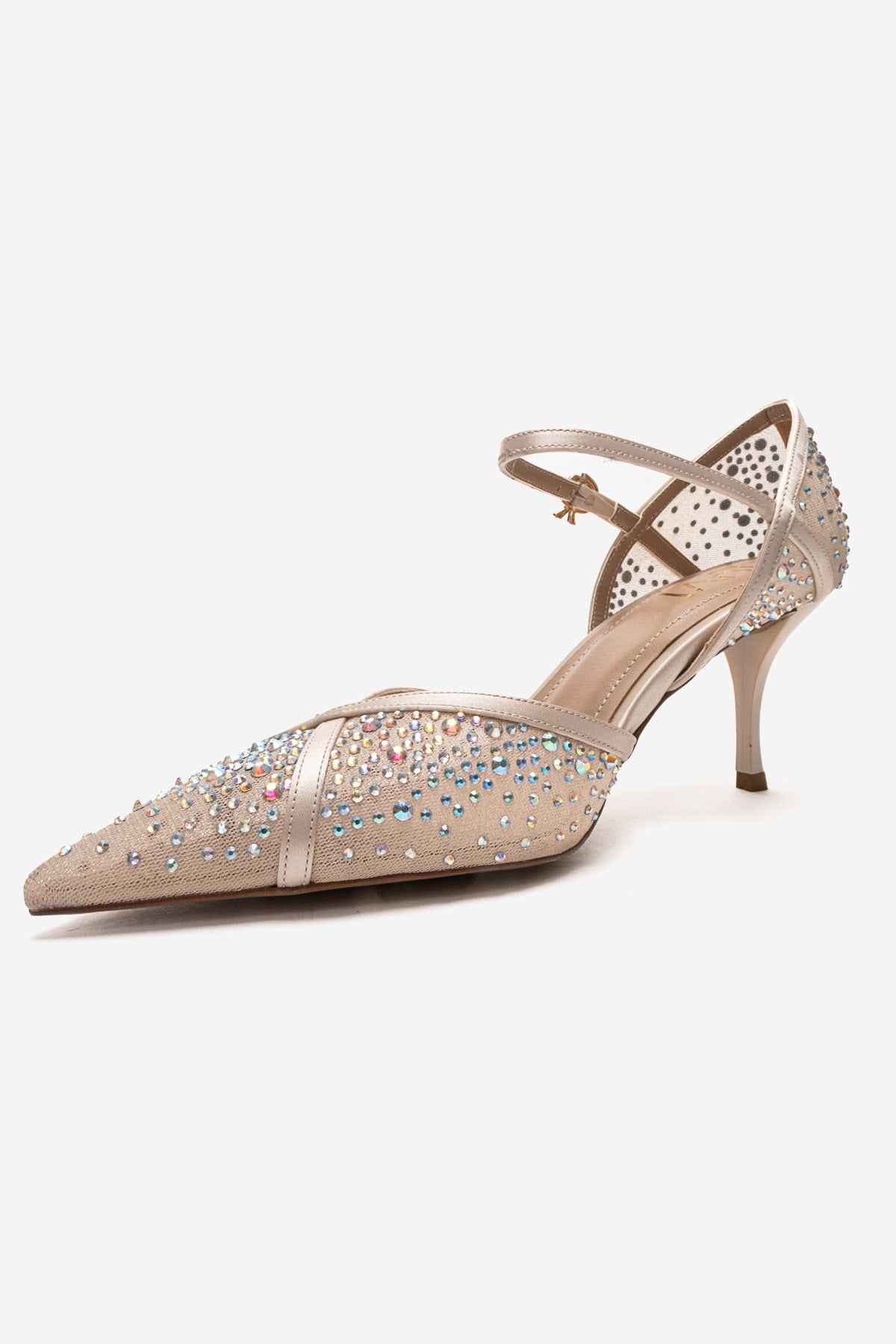 RACHEL - Beige Genuine Leather Satin Stone-Embellished Mesh Stiletto P – top view showing satin, leather, mesh, SimmiUnique
