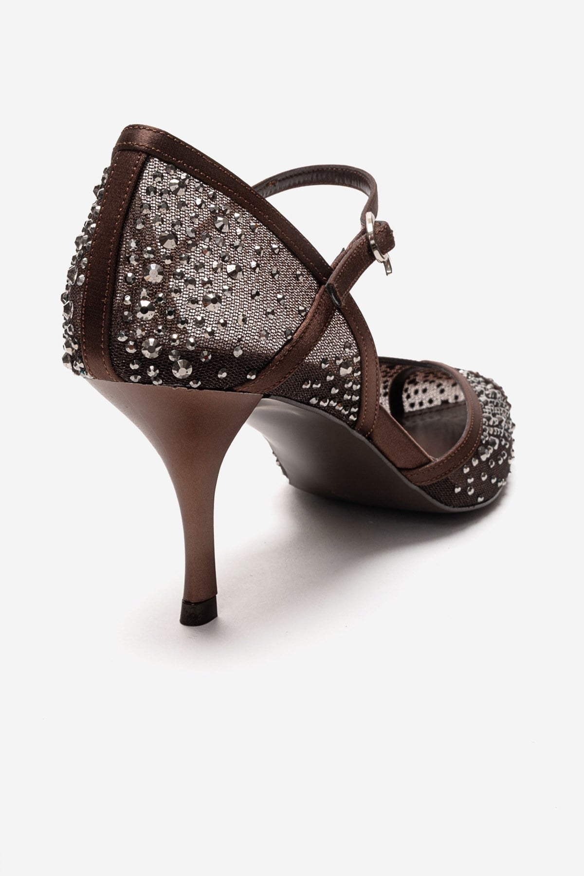 RACHEL - Brown Genuine Leather Satin Stone-Embellished Mesh Stiletto P – back view showing satin, leather, mesh, SimmiUnique
