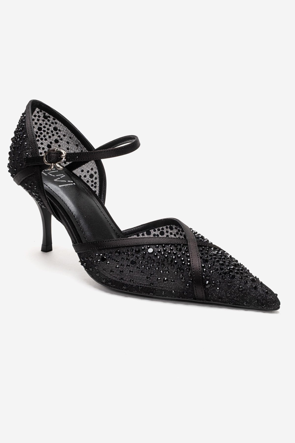 RACHEL - Black Genuine Leather Satin Stone-Embellished Mesh Stiletto P – detail view showing satin, leather, mesh…