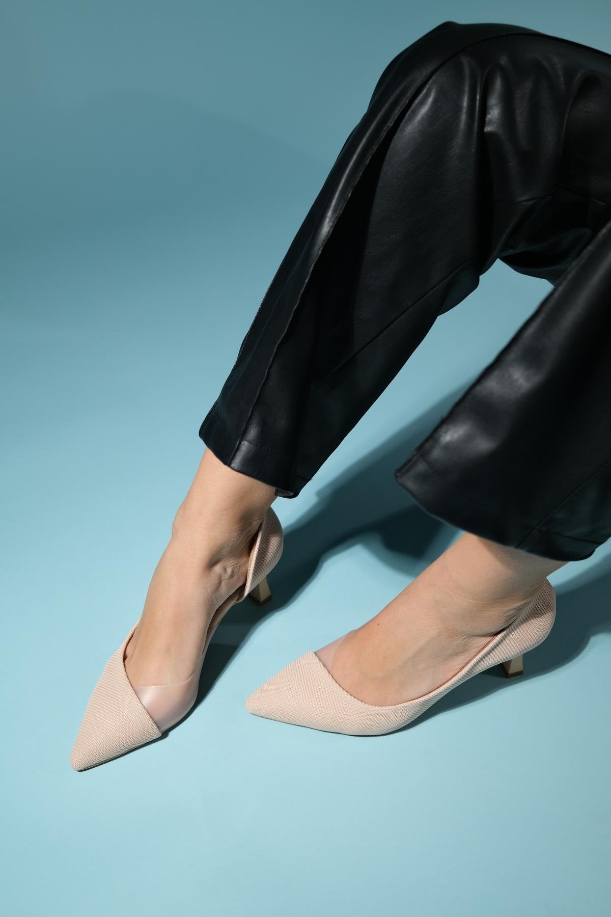 Chevy - Nude Striped Heeled Shoe – side view showing leather, nude, SimmiUnique