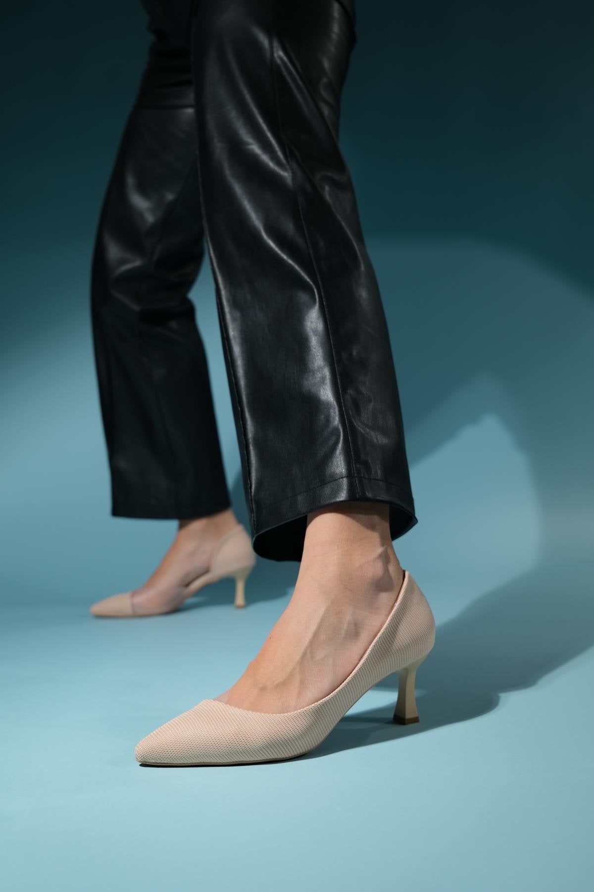 Chevy - Nude Striped Heeled Shoe – detail view showing leather, nude, SimmiUnique