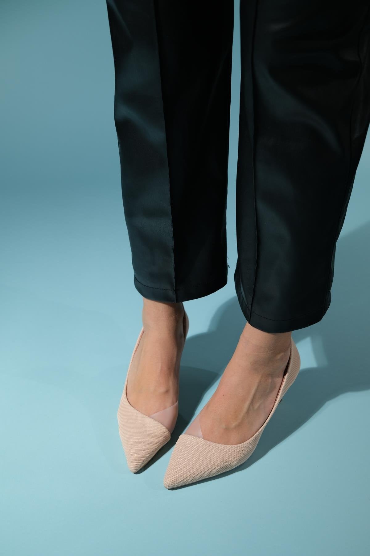Chevy - Nude Striped Heeled Shoe – heel view showing leather, nude, SimmiUnique